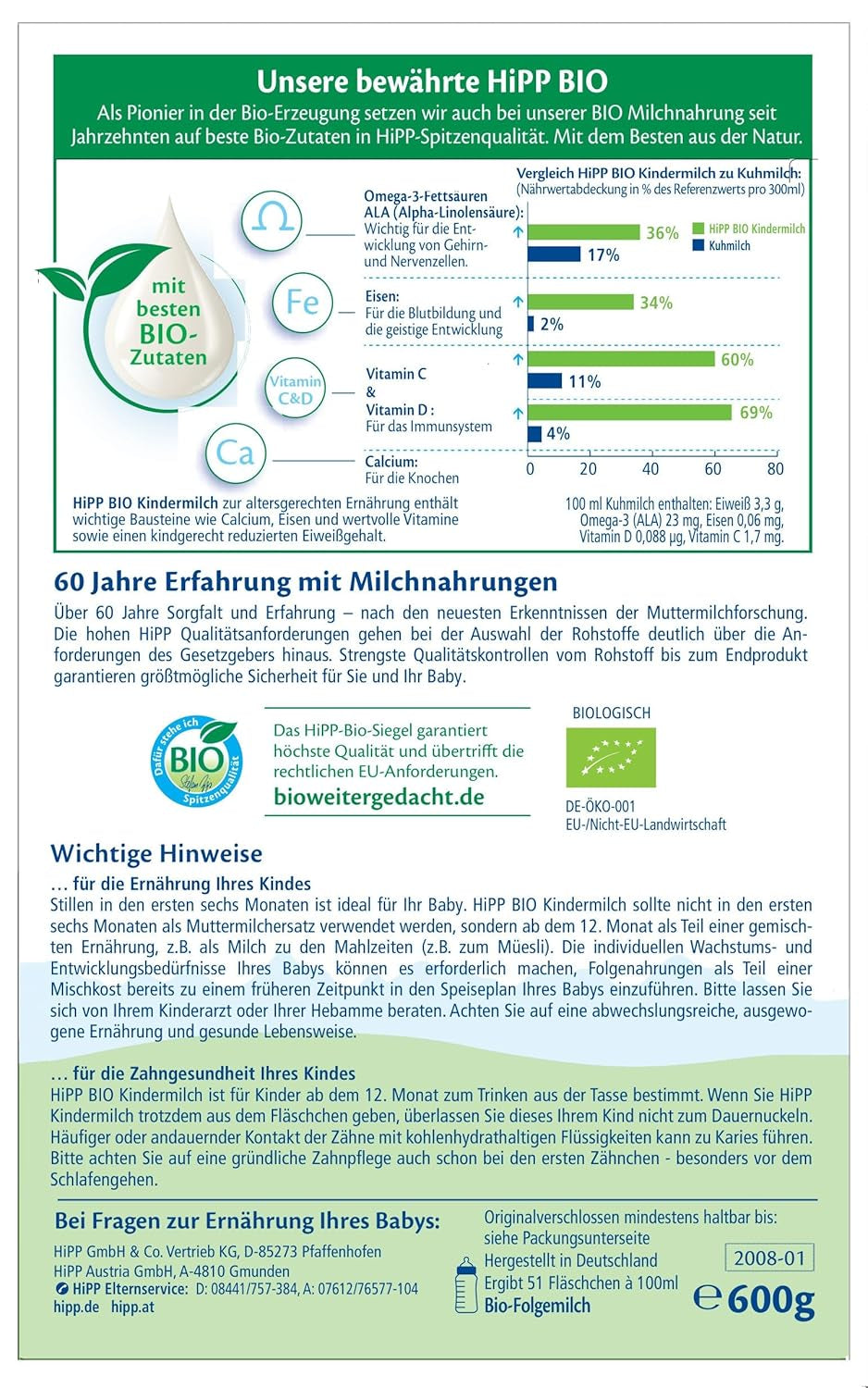 Lait de croissance biologique HiPP (4 x 600 g) après 12 mois avec calcium, fer, vitamines C et D pour les tout-petits en pleine croissance, meilleure qualité biologique