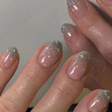24pcs French Press On Nails Court Brillant Argent Design Ovale Ongles Artificiels Colle Sur Acrylique Brillant Ongles Faux Ongles Pour Femmes Filles