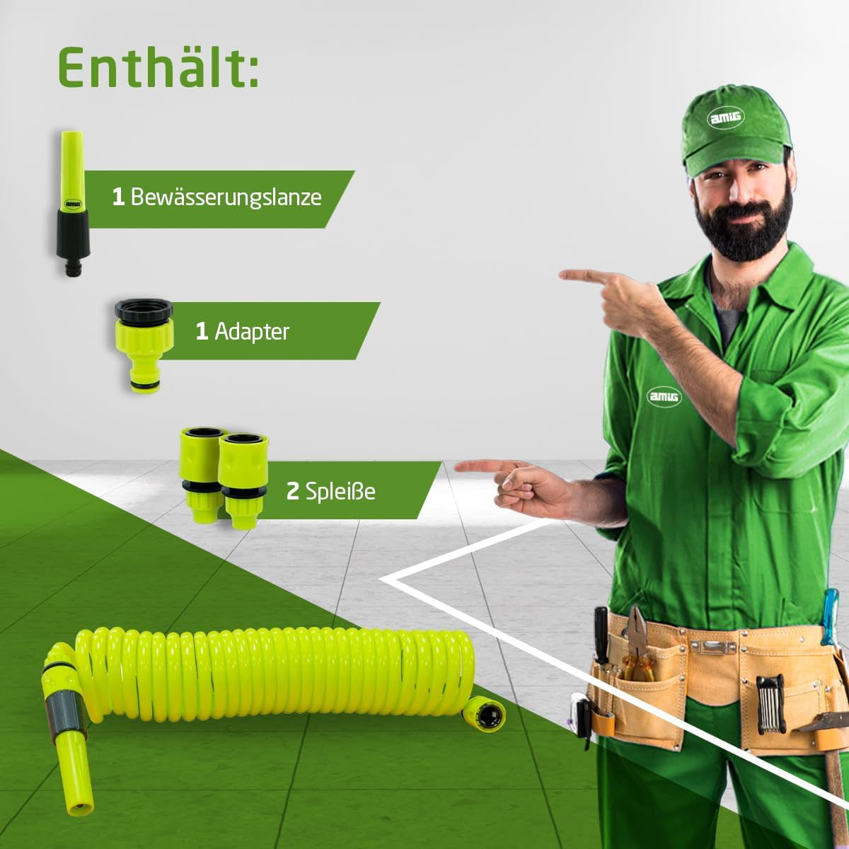 Amig - Tuyau spiralé | Fabriqué en polypropylène | Extensible jusqu'à 7,5 m | Comprend une lance d'irrigation, un adaptateur et 2 joints | Vert pistache