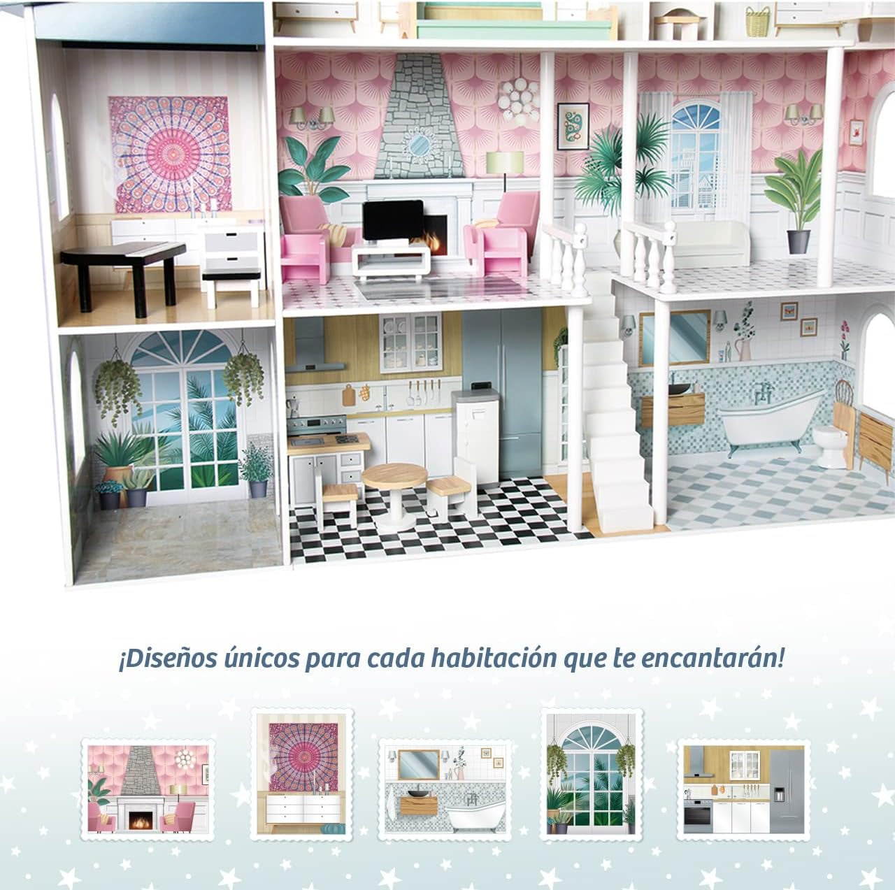 Deqube 913D00016 Maison de poupée en bois, 4 étages, Premium