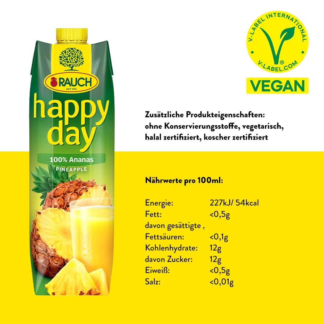 Rauch Happy Day Ananas | Explosion de saveurs tropicales | Fabriqué à partir de jus d'ananas 100 % concentré | 6 x 1 litre, Tetra Prisma Boissons sans alcool Naty Shop