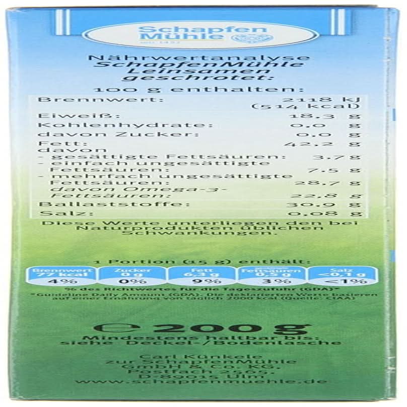 Schapfen Mühle Graines de lin, 200 grammes Céréales Naty Shop