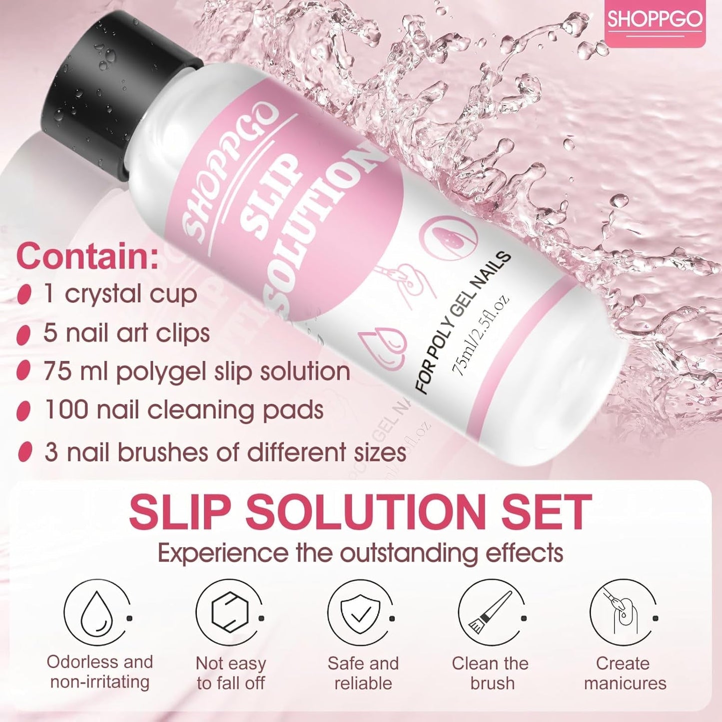 Solution de lissage Polygel, kit de solution de glissement Polygel, solution de lissage 75 ml, comprend 5 pinces à ongles, 3 brosses à ongles, 1 tasse en cristal, 100 feuilles de nettoyage