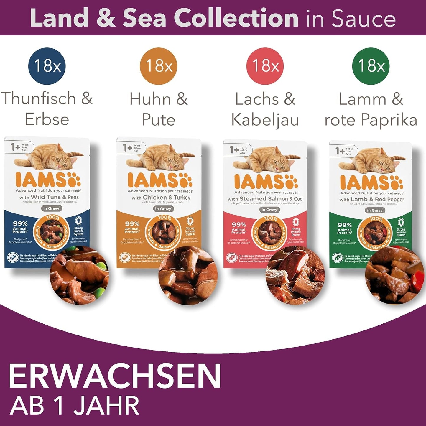 IAMS Delights Land & Sea Collection Nourriture humide pour chats - Assortiment de viande et de poisson multipack en sauce, nourriture humide pour chats à partir de 1 an, 72 x 85 g