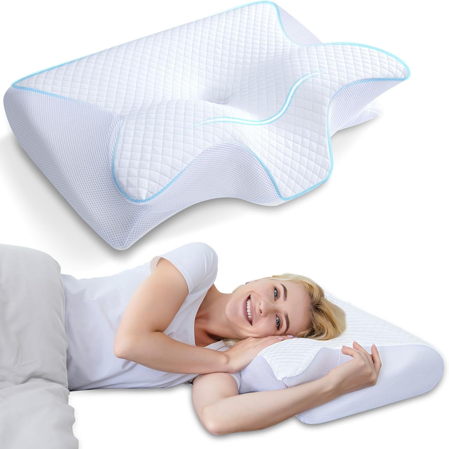 HOMCA Oreiller cervical Oreiller orthopédique 2 en 1 en mousse à mémoire de forme Oreiller de soutien du cou Oreiller ergonomique pour les douleurs dorsales, latérales et abdominales, 60 x 13/11 x 40 cm Oreillers orthopédiques cervicaux Naty Shop Blanc