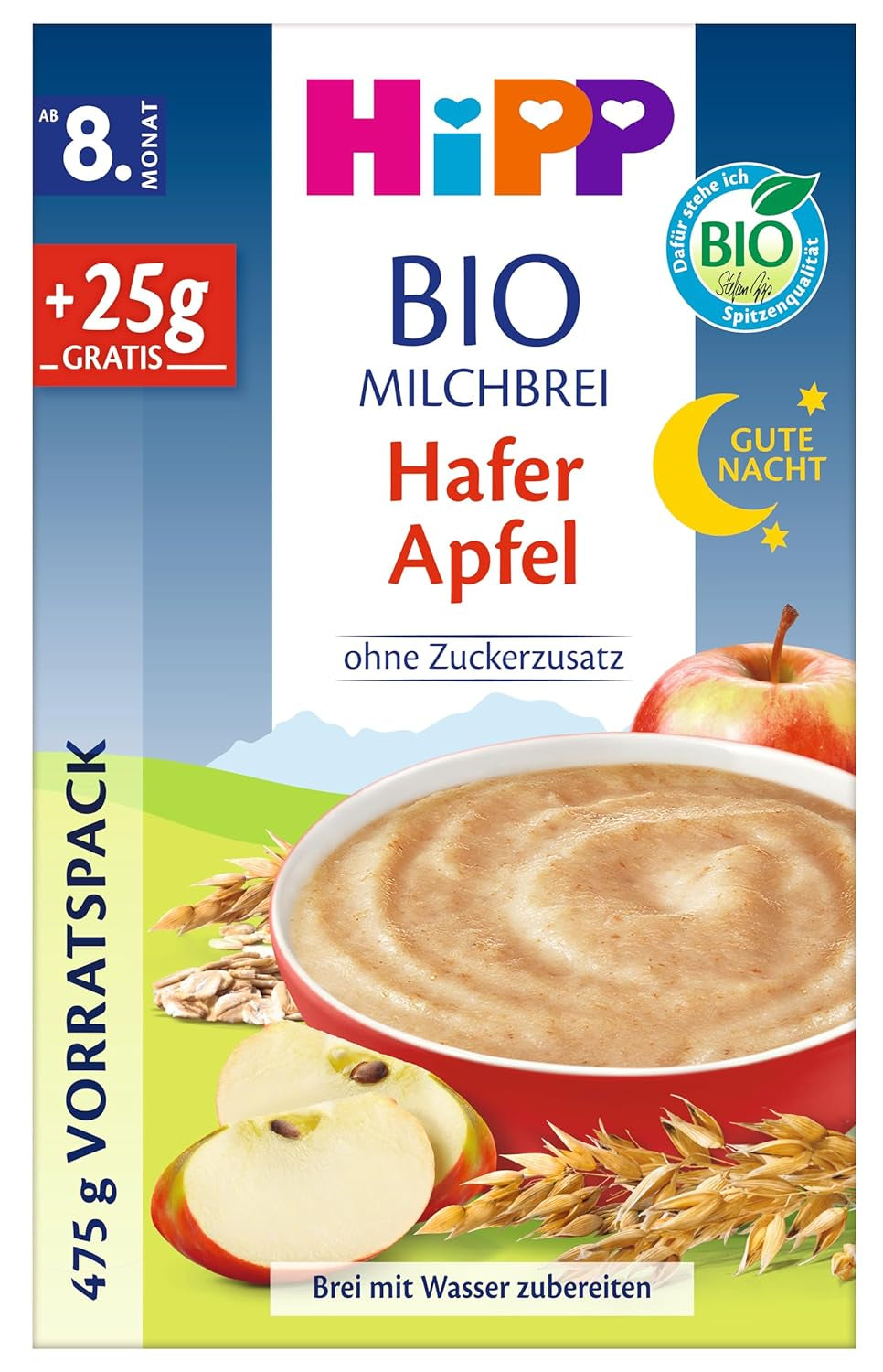 HiPP Good Night Gruau aux pommes et lait d'avoine bio (4 x 475g), dès 8 mois, sans sucre ajouté, aux céréales complètes bio et fruits bio, de la meilleure qualité bio