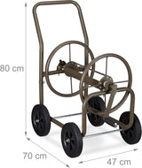 Chariot à tuyau Relaxdays XL, enrouleur de tuyau mobile, en métal, pour tuyau de 60 m, 4 roues, avec manivelle, rouleau 90°, marron