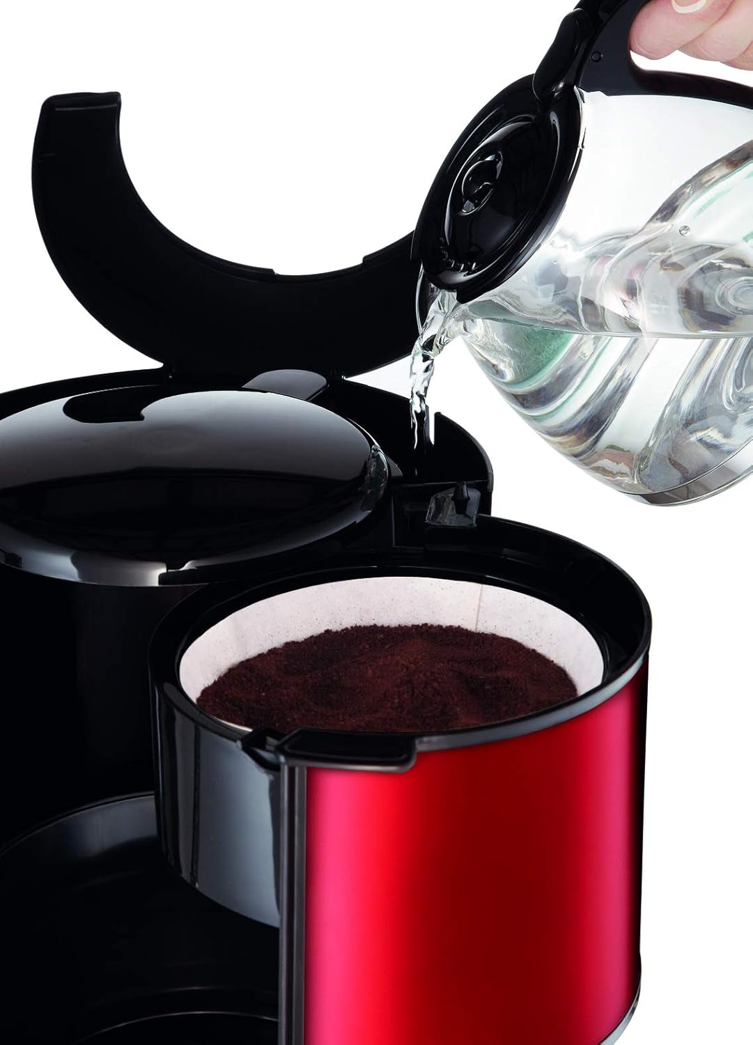 Machine à expresso Subito avec filtre, carafe en verre, 10-15 tasses, capacité 1,25 L, fonction d'arrêt automatique, filtre amovible, indicateur de niveau d'eau, acier inoxydable, rouge/noir, FG360D