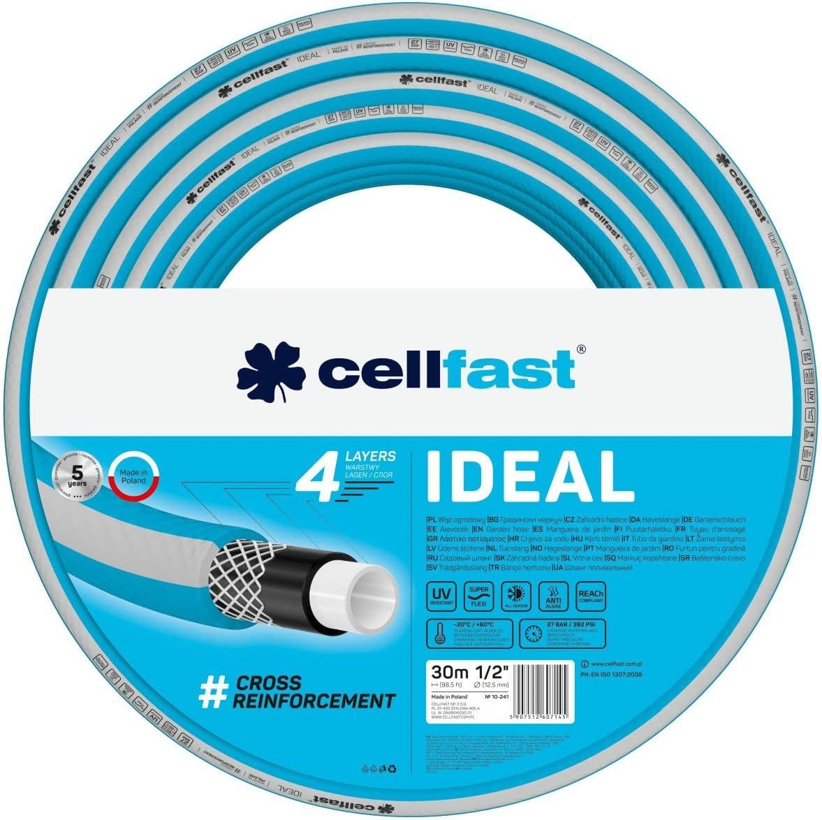 Tuyau d'arrosage Cellfast IDEAL, Durable, Flexible, 4 couches, Tresse croisée durable, Résistant aux UV et aux algues, Technologie REACH, 27 bar, -20/+60° courte durée 1/2", 30m