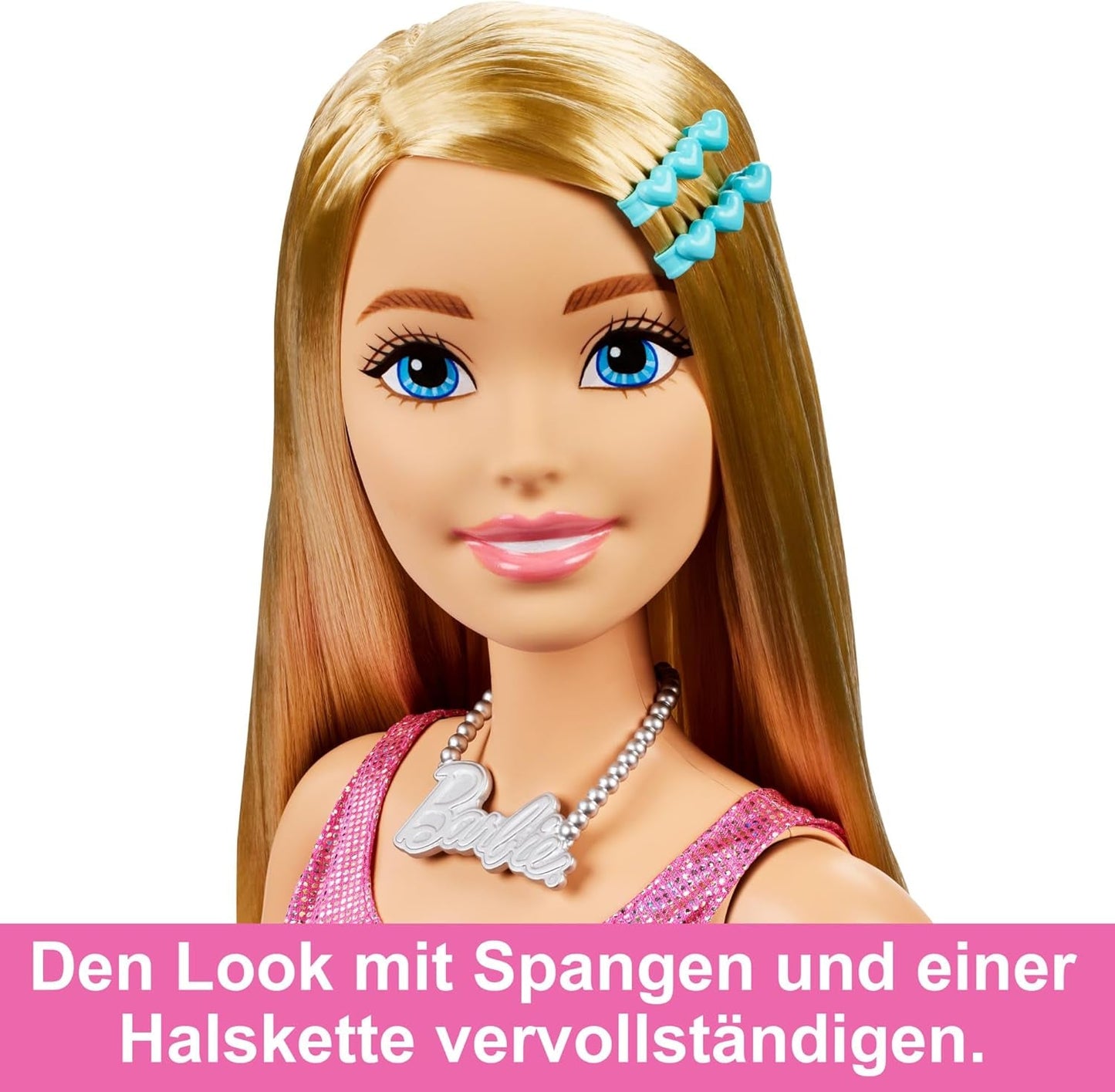 Poupée Barbie Extra Large (71 cm) – Robe rose, cheveux blonds avec pince et collier, cadeau à partir de 3 ans, HJY02