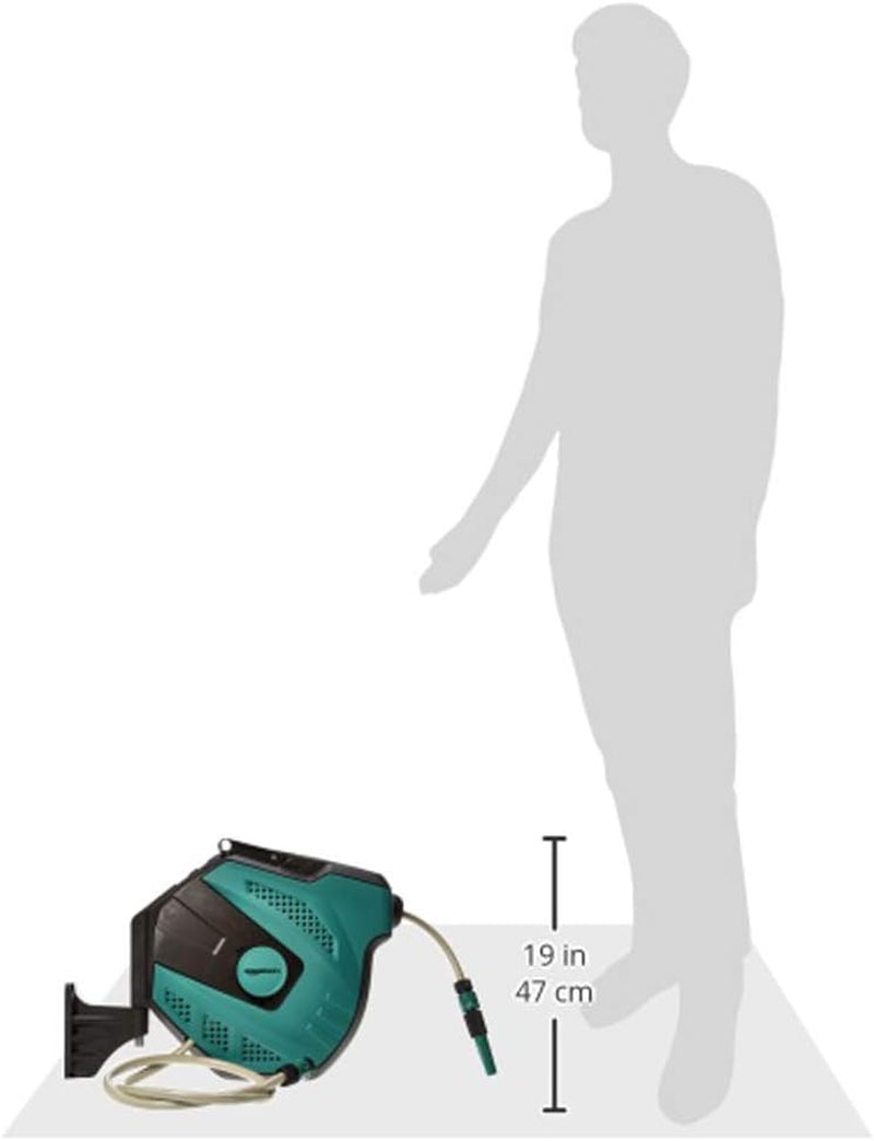 Amazon Basics Enrouleur de tuyau mural avec tuyau, enroulement automatique, 15 m, vert marine, noir