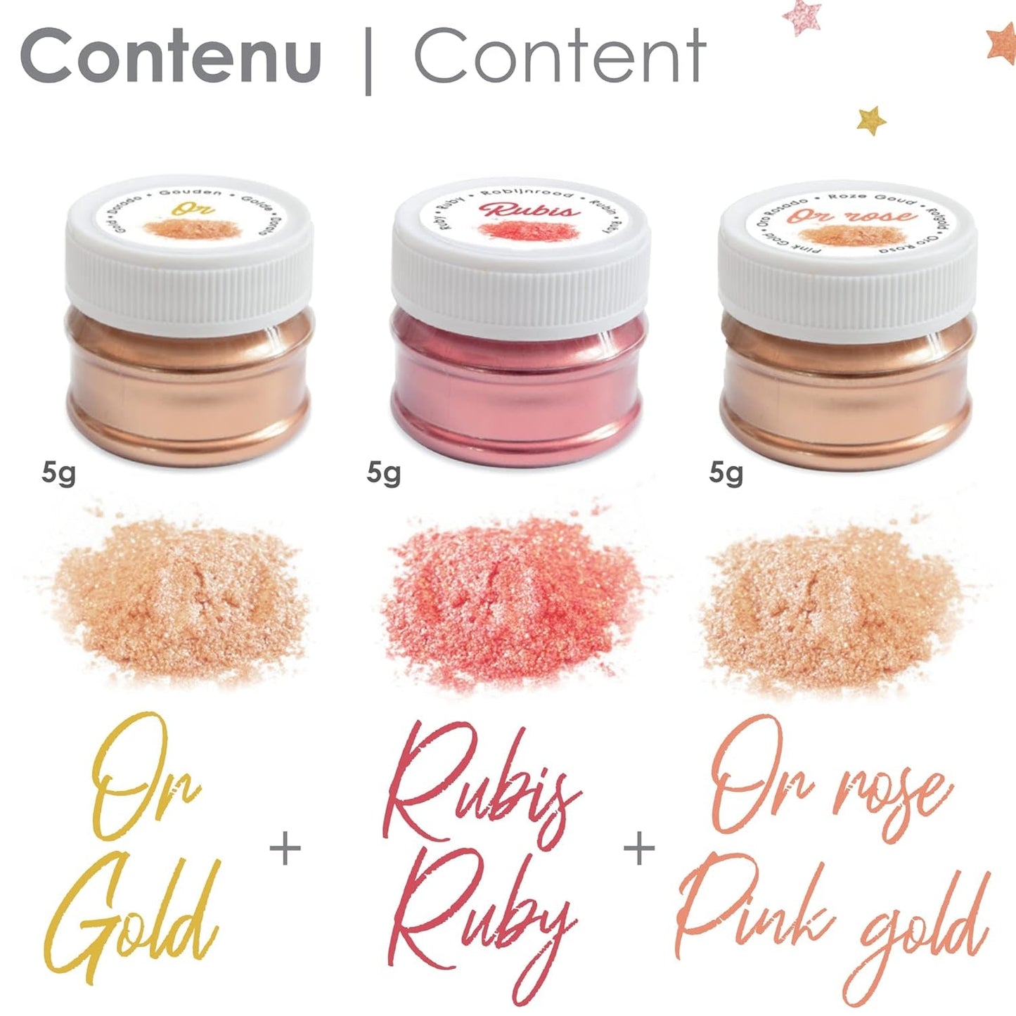 Scrapcooking - Lot de 3 Colorants Alimentaires Métallisés - Colorants Alimentaires : Or, Or Rose et Rubis - Colorant Alimentaire Comestible pour Pâtisserie, Gâteaux, Biscuits, Gâteaux, Chocolat - 4019