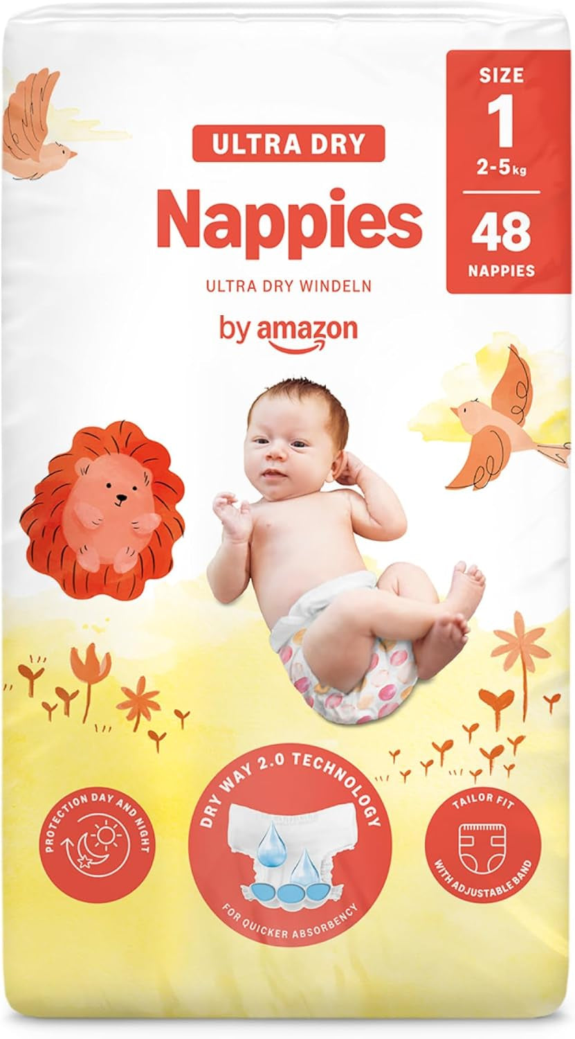 Couches Amazon Ultra Dry, taille 1 (2-5 kg) – Boîte mensuelle, blanche, 96 pièces (2 paquets de 48) (anciennement marque Mama Bear, produit identique)
