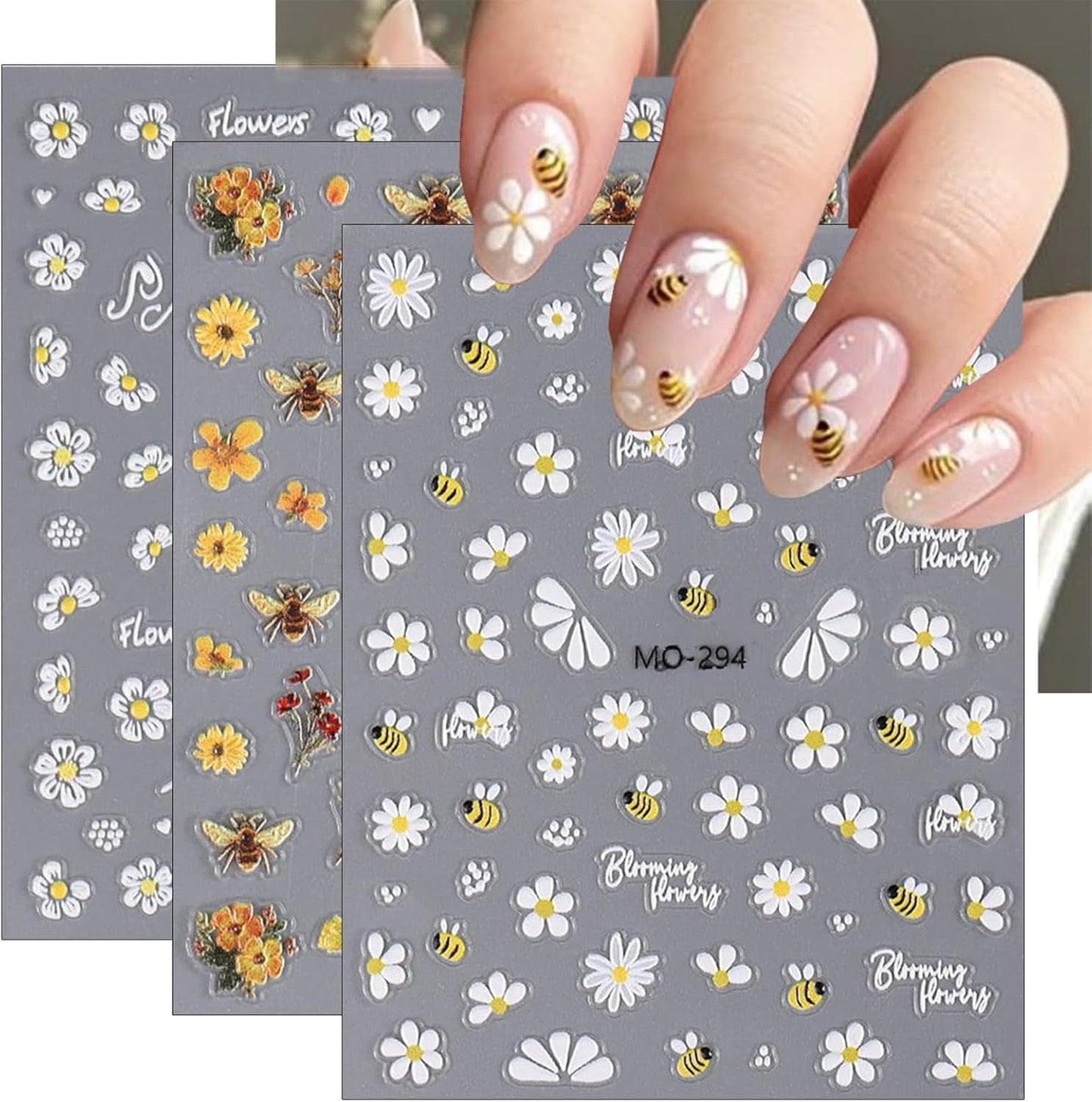 3 pièces Set d'autocollants pour ongles - Autocollants autocollants pour ongles avec fleurs et motifs bien-être - Autocollants pour nail art créatifs - Tatouages ​​et tatouages ​​créatifs