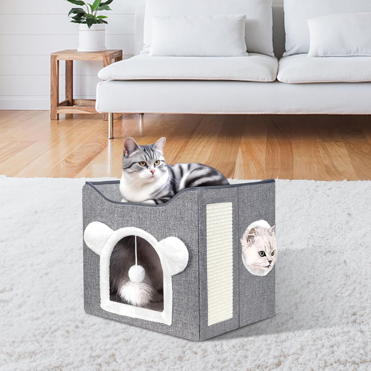 Katzenbetten für Indoor Katzen, Faltbares Katzenhaus, Katzenhöhle 2 Schicht Würfel Großer Raum Katzenbett mit Kratzbrett et Spielball, 15,8 x 15,8 x 15 pouces