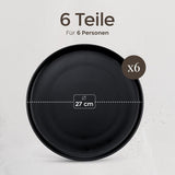 Ensemble d'assiettes en grès pour 6 personnes – Noir mat, 6 pièces, grandes assiettes allant au micro-ondes, design élégant – Collection Twinzee Ebony