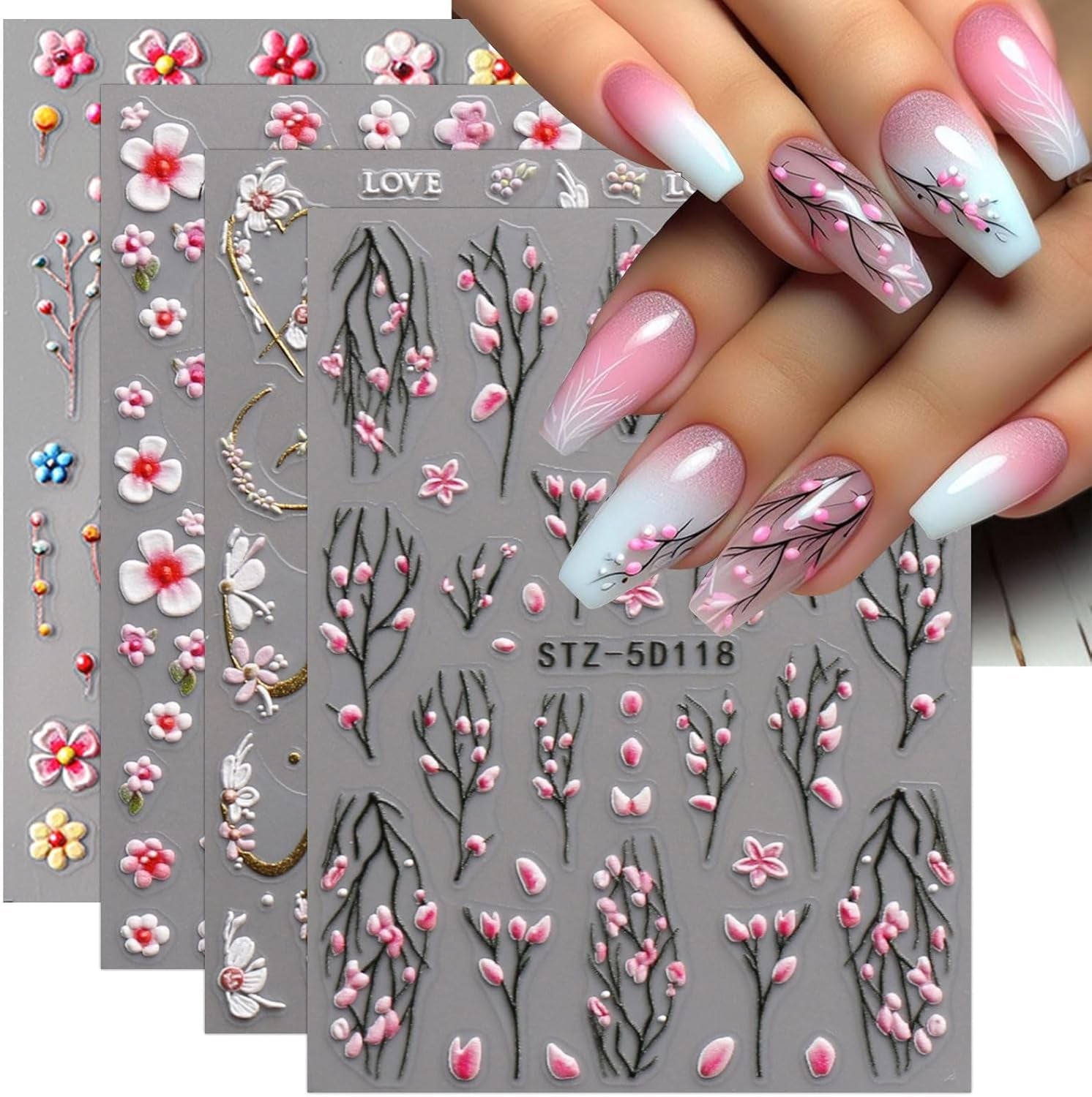 JMEOWIO 3D Nail Art Autocollant Fleur Nail Art Autocollant Selbstklebend Nagelaufkleber 5D Stéréoscopique Frühling Sommer Floral Décoration Nageldesign Zubehör 4 Blatt