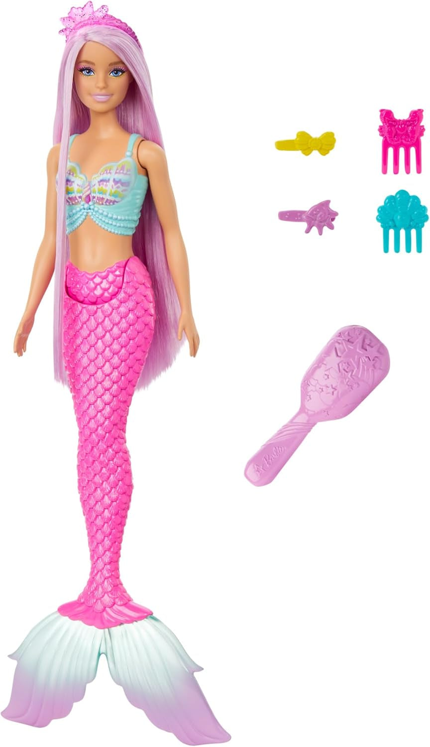 Poupée Barbie Sirène - avec de longs cheveux roses et des accessoires de coiffure individuels, dont une brosse, une jolie pointe festonnée et une nageoire caudale rose, à partir de 3 ans, HRR00
