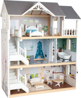Small Foot Maison de poupée Maison de ville en bois à 3 étages avec façade ouverte et 12 meubles pour 3 ans et plus 11802 Maisons de poupée gris blanc Naty Shop Town House