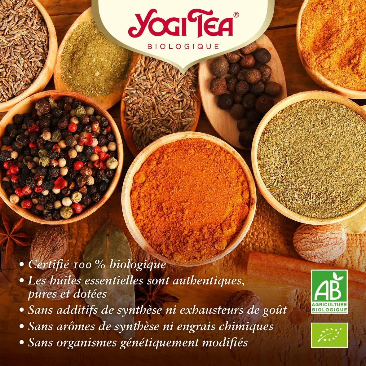 Yogi Tea - Thé ayurvédique épicé bio Kurkuma Chai sans caféine mélange de curcuma, cannelle et gingembre Yogi Tea en vrac 8 x 90 g (720 g) paquet cadeau idéal