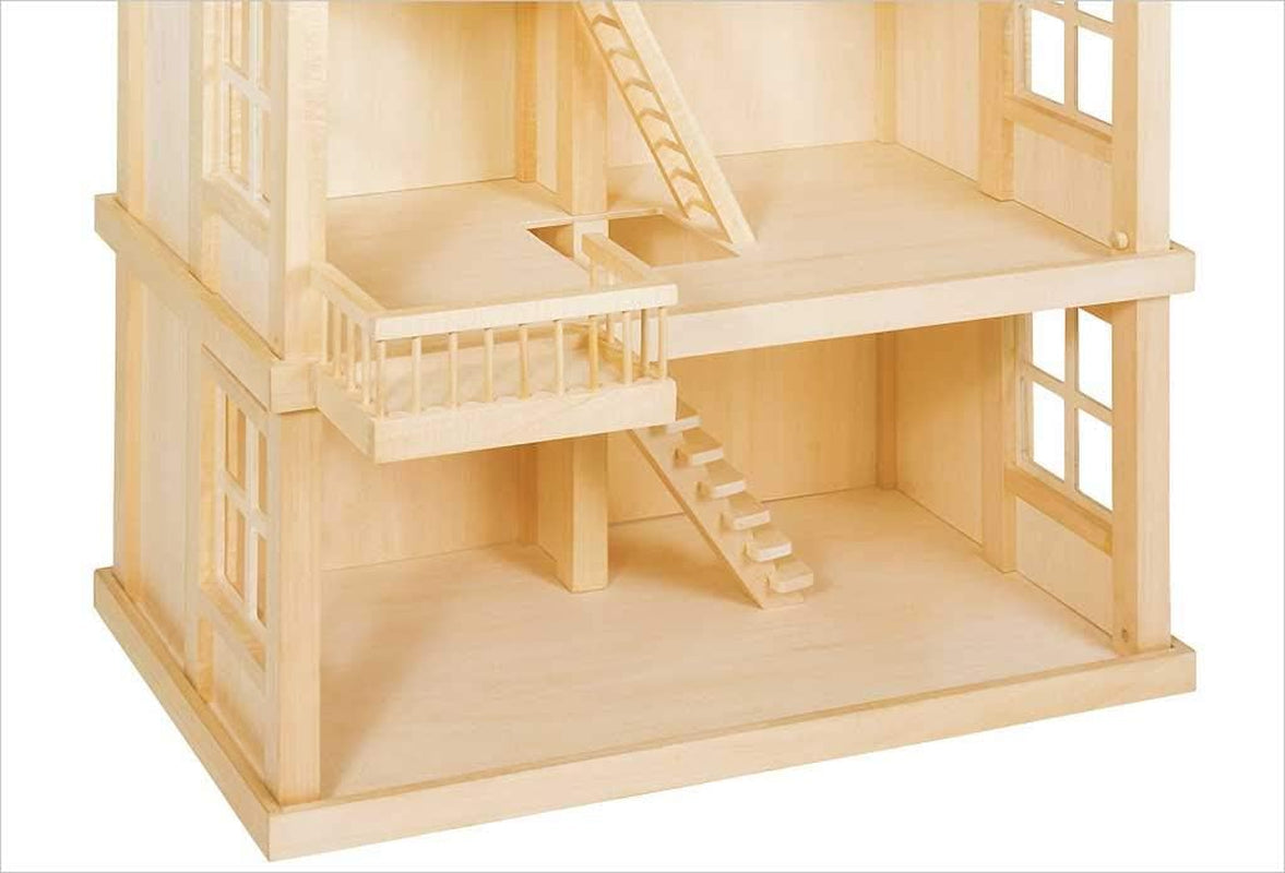 51957 Maison de poupée en bois, 65 x 35 x 87,5 cm – Grande maison de poupée en bois, 3 étages, design ouvert, toit rouge, escaliers et balcon pour jeux de rôle créatifs, monde de jeu de maison de poupée