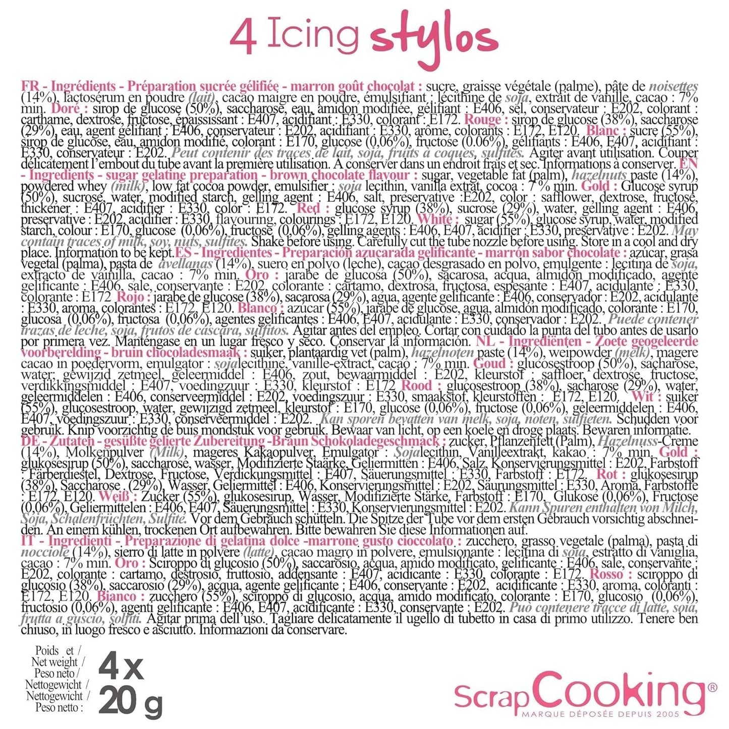 Scrapcooking - Marqueurs 4 pièces : or, chocolat, blanc et rouge - feutres comestibles décoratifs pour écrire et dessiner sur desserts, gâteaux et biscuits