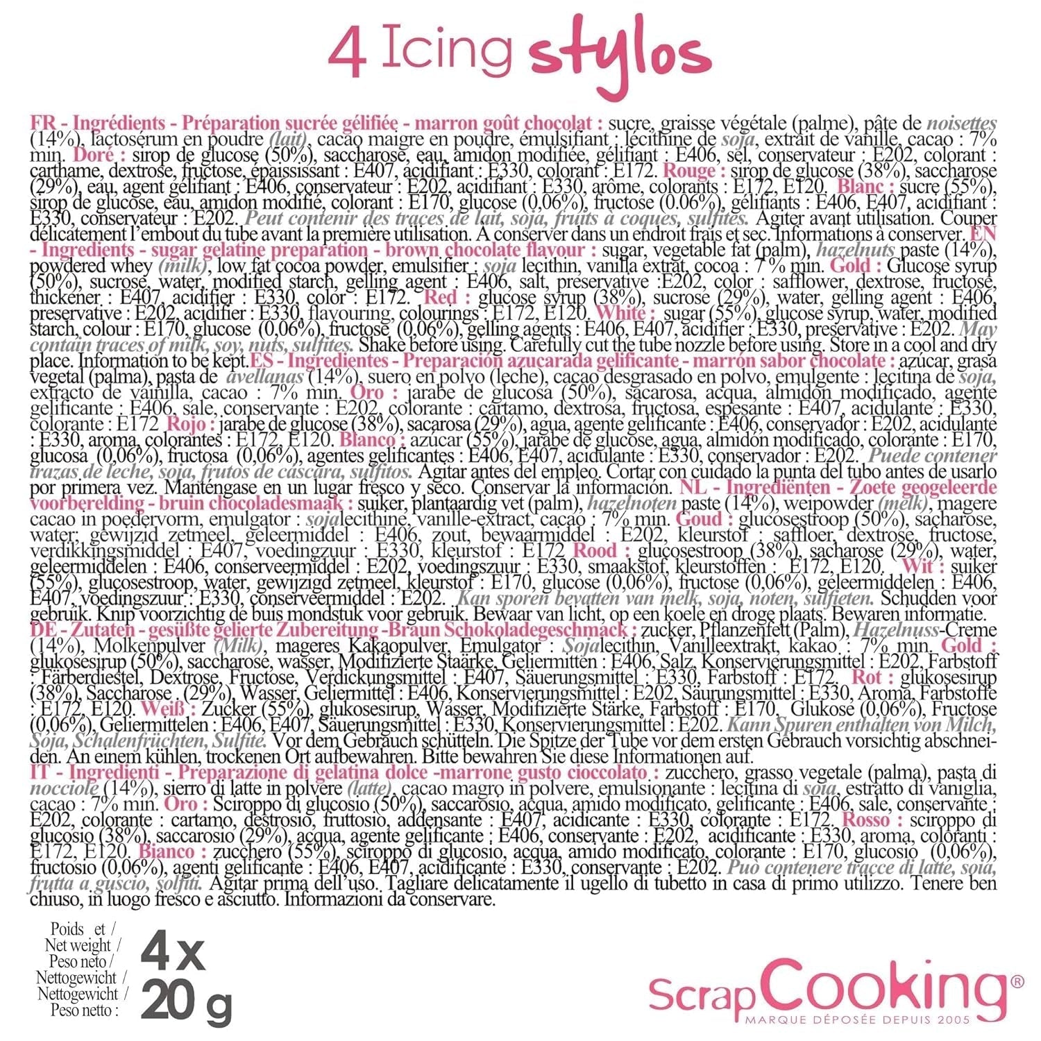 Scrapcooking - Marqueurs 4 pièces : or, chocolat, blanc et rouge - feutres comestibles décoratifs pour écrire et dessiner sur desserts, gâteaux et biscuits