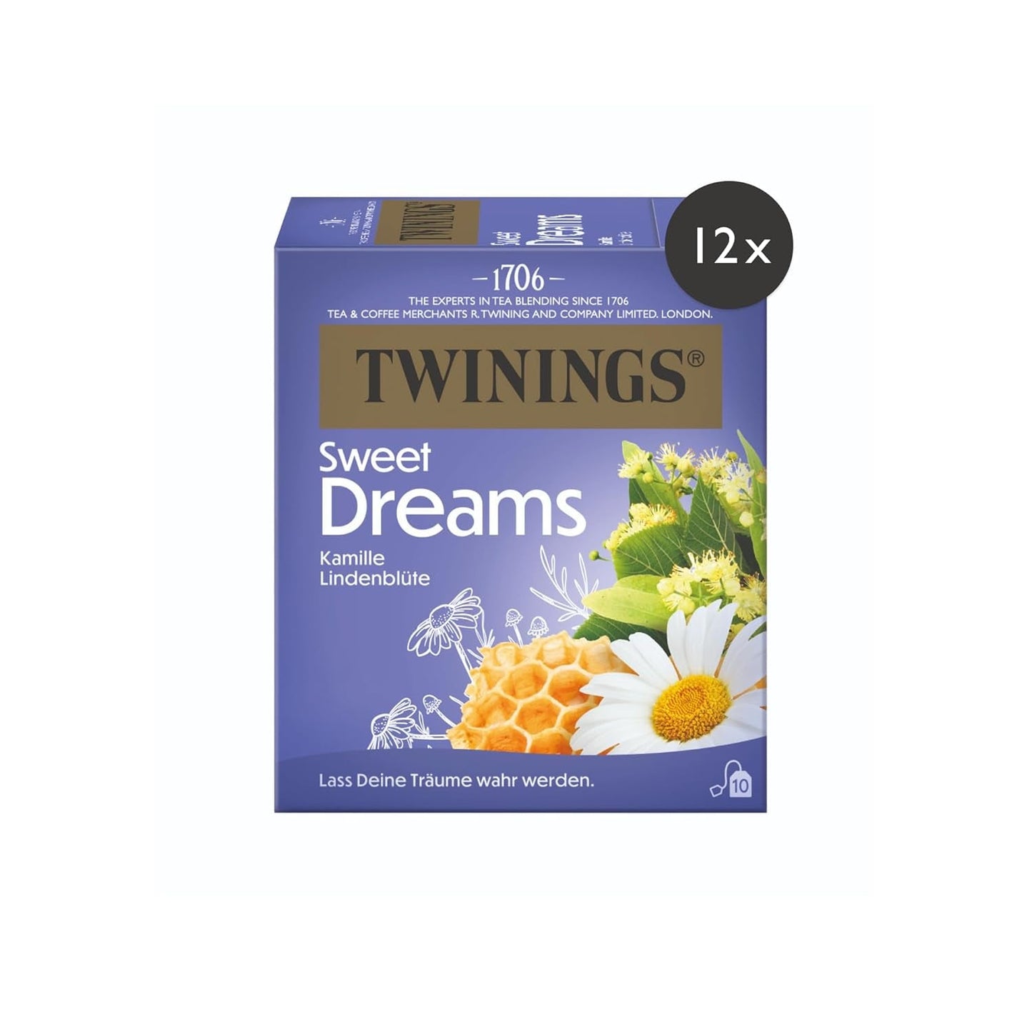 Twinings SWEET DREAMS Thé à la camomille au miel, à l'orange et à la fleur de tilleul - Mélange sucré de tisanes pour une amélioration naturelle du sommeil, paquet de 12 (10 sachets de thé chacun)