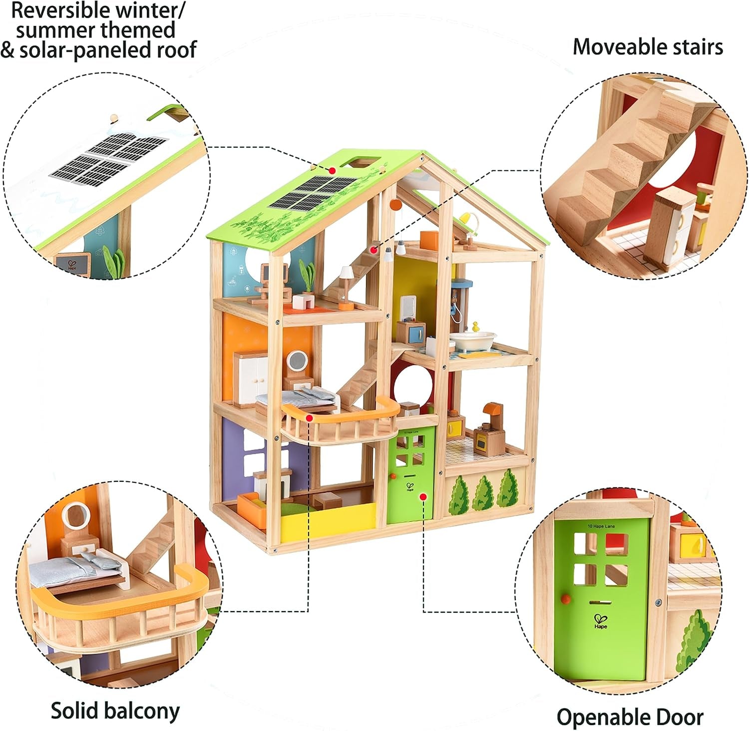 Hape Four Seasons Wooden Doll's House Maison de poupée primée à trois étages avec meubles, accessoires, escaliers mobiles et toit réversible pour chaque saison Maisons de poupées Naty Shop