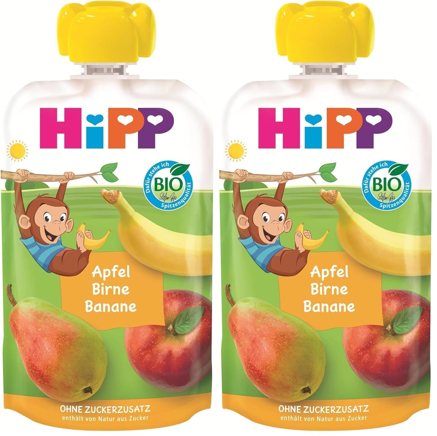 HiPP sachets de fruits bio, à presser, pomme, poire, banane - Anton Maimuta (8 x 100g), à partir de 1 an, 100% purée de fruits, sans sucre ajouté, vegan, meilleure qualité bio (pack de 2)