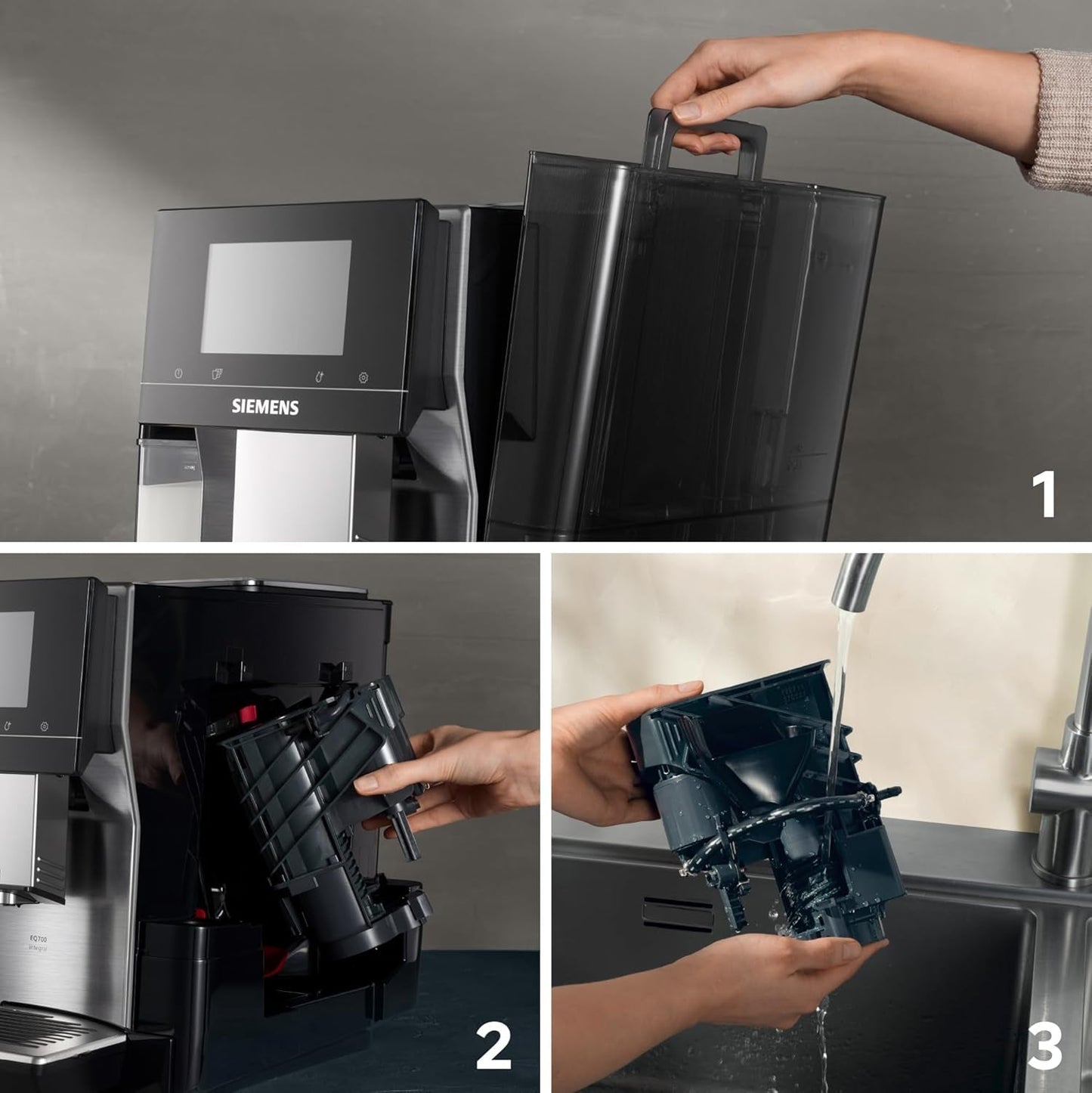 Machine à expresso entièrement automatique Siemens EQ700, grand écran TFT couleur, 36 boissons chaudes et froides, infusion froide, fonction 2 tasses, contrôle par application, système de nettoyage automatique, acier inoxydable noir, TQ717D03