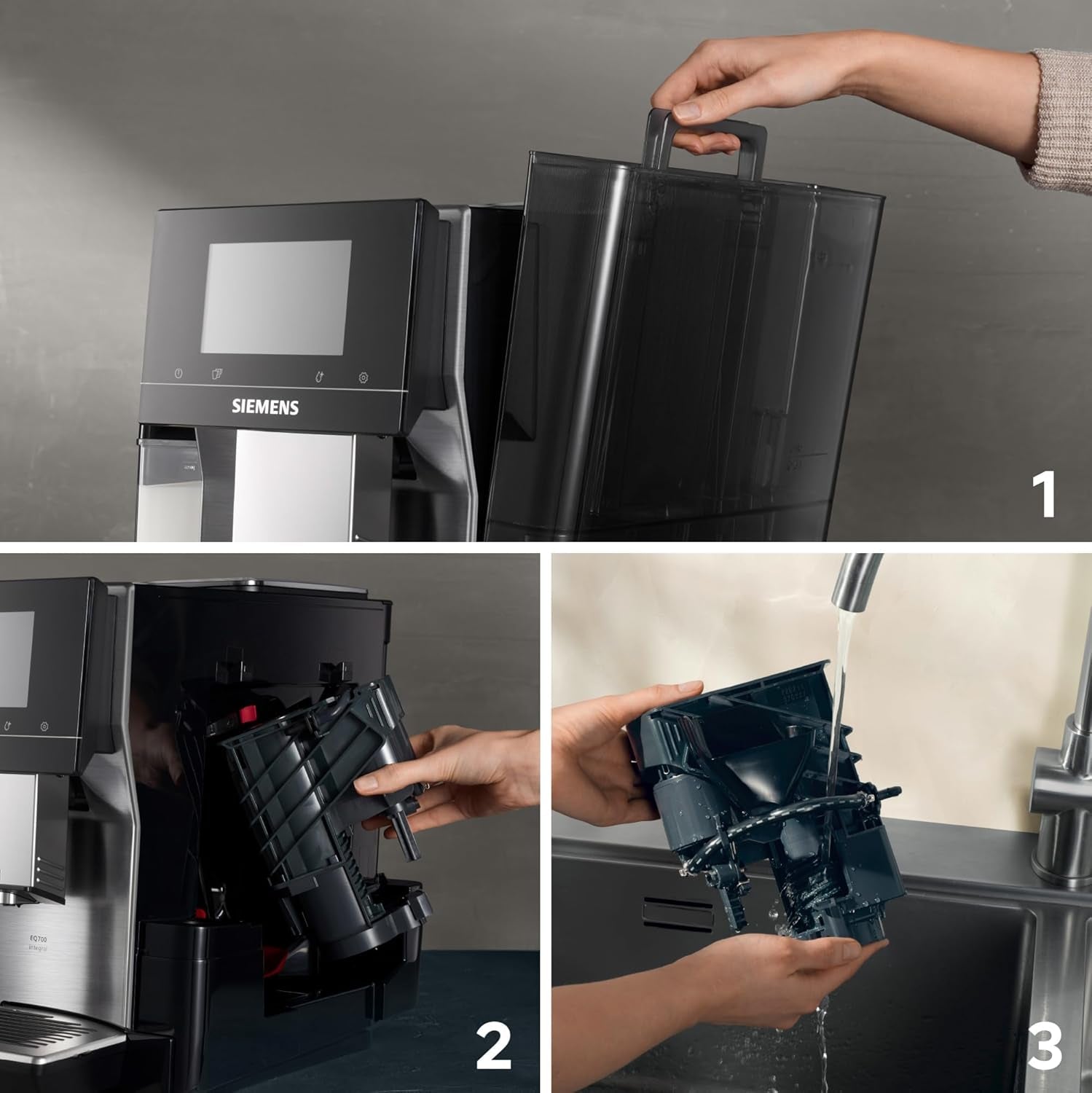 Machine à expresso entièrement automatique Siemens EQ700, grand écran TFT couleur, 36 boissons chaudes et froides, infusion froide, fonction 2 tasses, contrôle par application, système de nettoyage automatique, acier inoxydable noir, TQ717D03