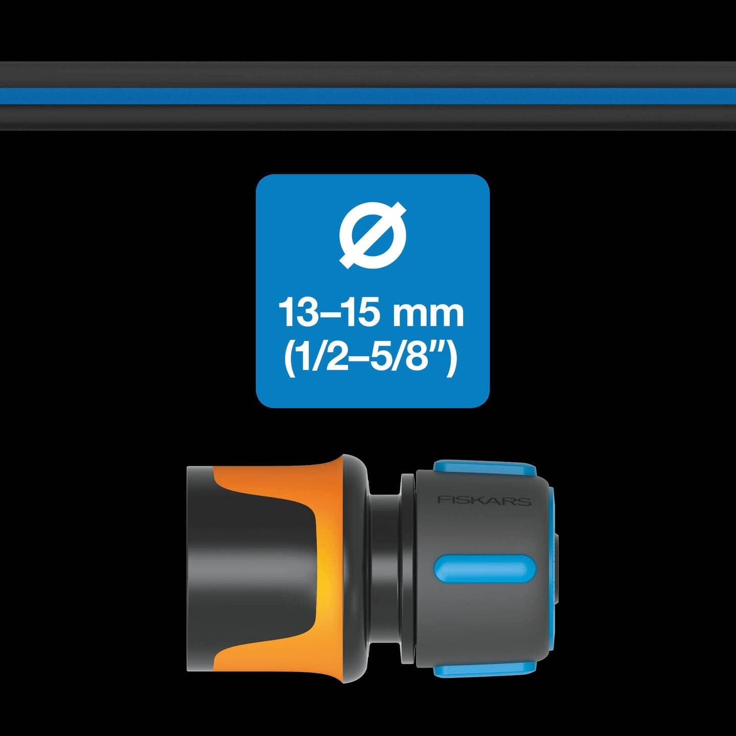 Fiskars Kit de tuyaux d'eau pour roue à eau avec 2 connecteurs de tuyau et connecteur de robinet, taille universelle, niveau de rigidité en torsion 4 (sur 5), 1,8 m, Ø1,3-1,5 cm (1/2-5/8"), noir/orange/bleu, 1057621