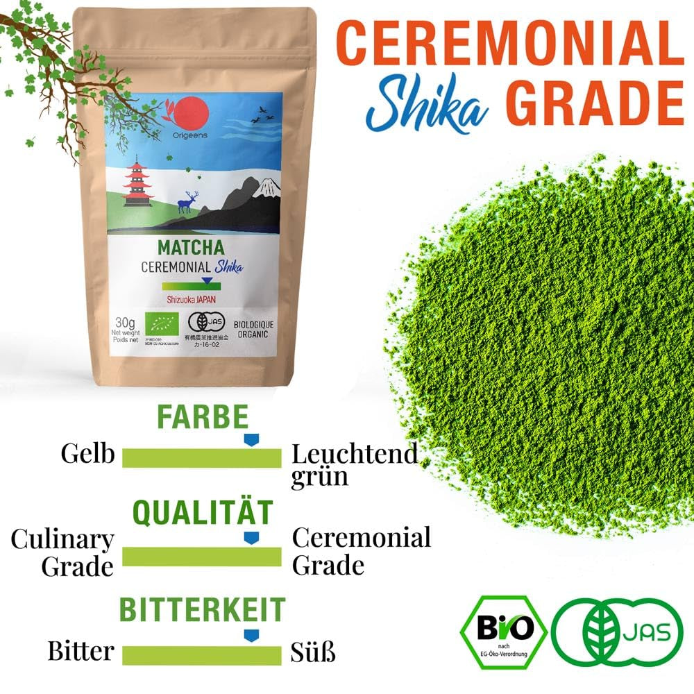 ORIGEENS BIO MATCHA CEREMONIAL GRADE "SHIKA" - Thé japonais biologique de Shizuoka - Matcha Latte/Usucha - Sachet de recharge 30g - Poudre de thé vert Matcha biologique de qualité cérémonielle