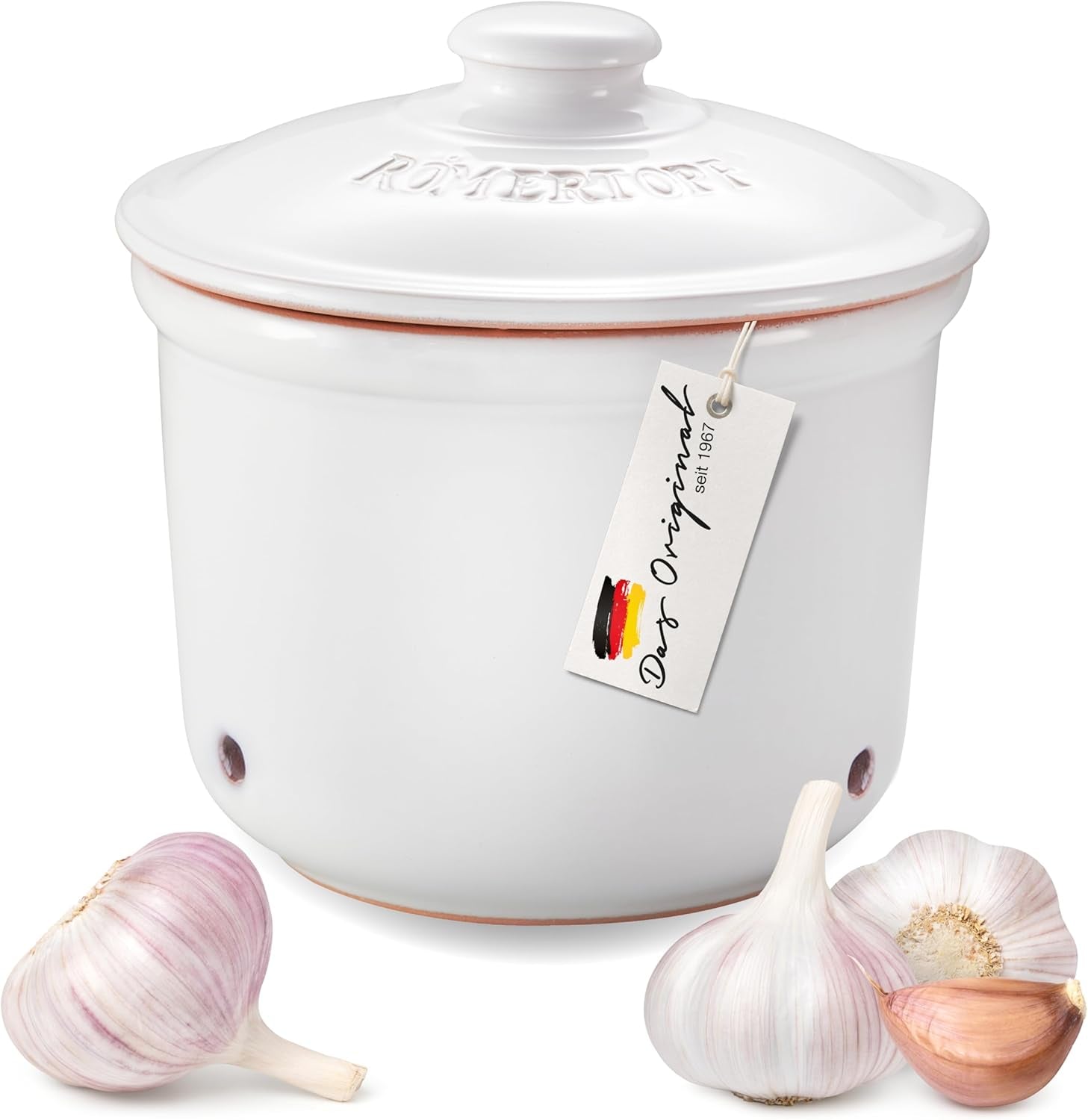 Römertopf Fresh Pot MINI 0,6 litre - Pot à ail en céramique - L'argile respirante garde les légumes frais plus longtemps - Circulation d'air idéale - Boîtes de conservation blanches Naty Shop Titre par défaut