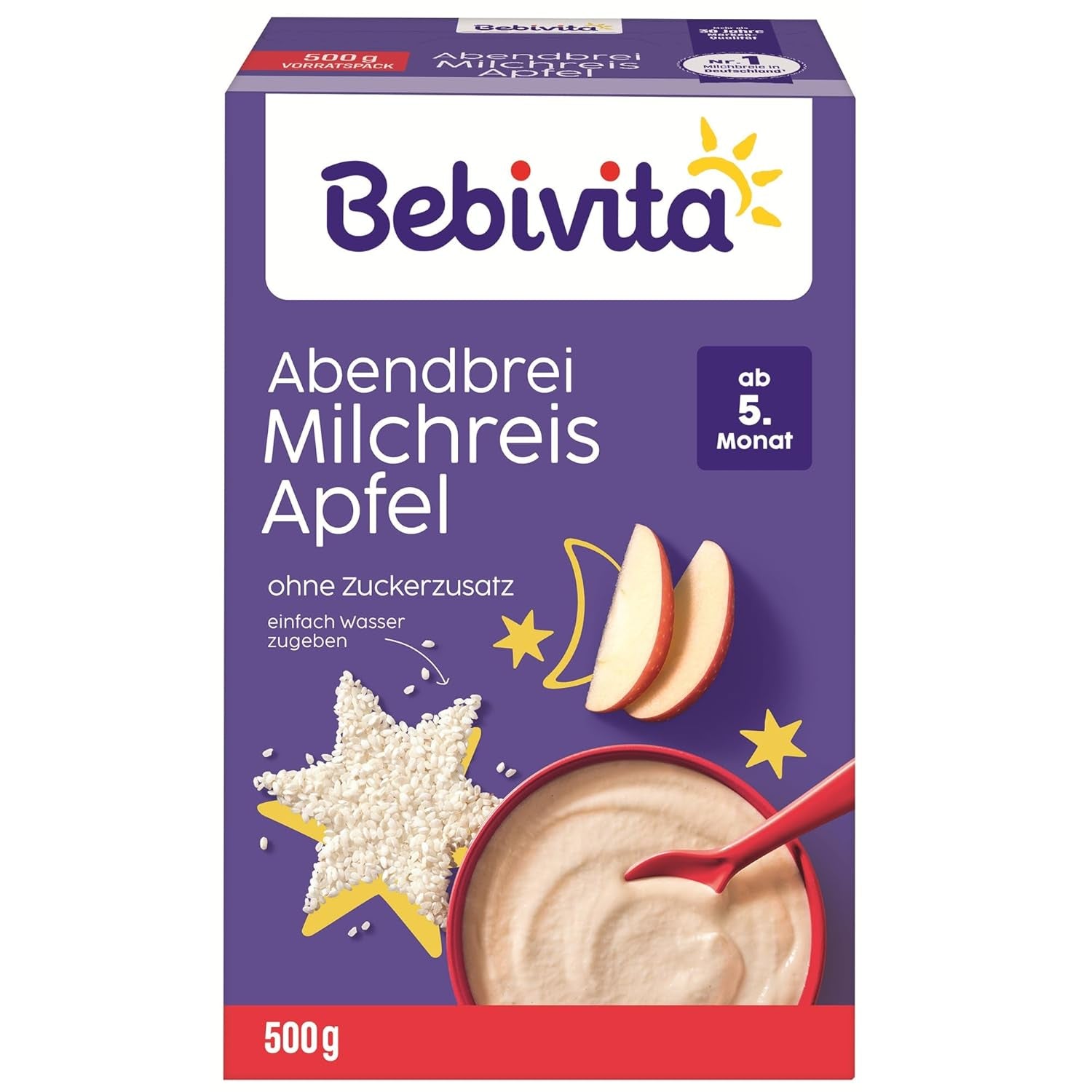 Riz au lait aux pommes et bouillie du soir (4x500g), bouillie de lait à partir de 5 mois, avec minéraux et vitamines précieux, sans sucre ajouté, très nourrissant