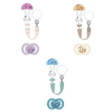 MAMAN | Sucette et chaîne de tétine, 6 mois et plus, sélection de couleurs aléatoires, anatomique, symétrique, en silicone, lavable, longueur réglable, compatible avec tous types de tétines