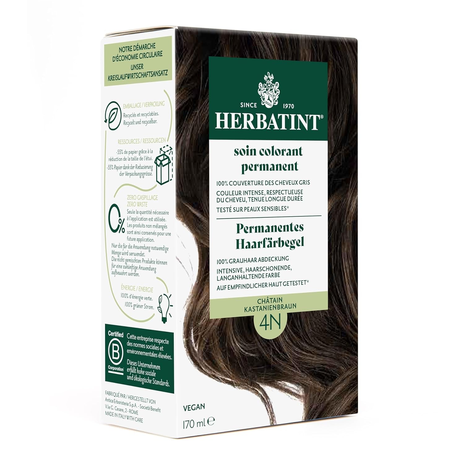 Gel colorant capillaire permanent 6N blond foncé - 170 ml I Sans ammoniaque, couverture à 100% des cheveux gris I Testé sur peaux sensibles, aux 8 extraits végétaux Teinture capillaire Naty Shop 4N châtain