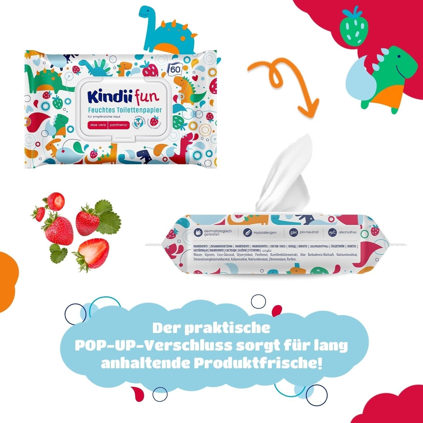 Kindii Fun Wet Toilet Paper - (10X60 pièces) Papier toilette humide - Camomille, Aloe Vera, Ph-Neutre, Waterable, Rafraîchit la zone intime - 600 pièces