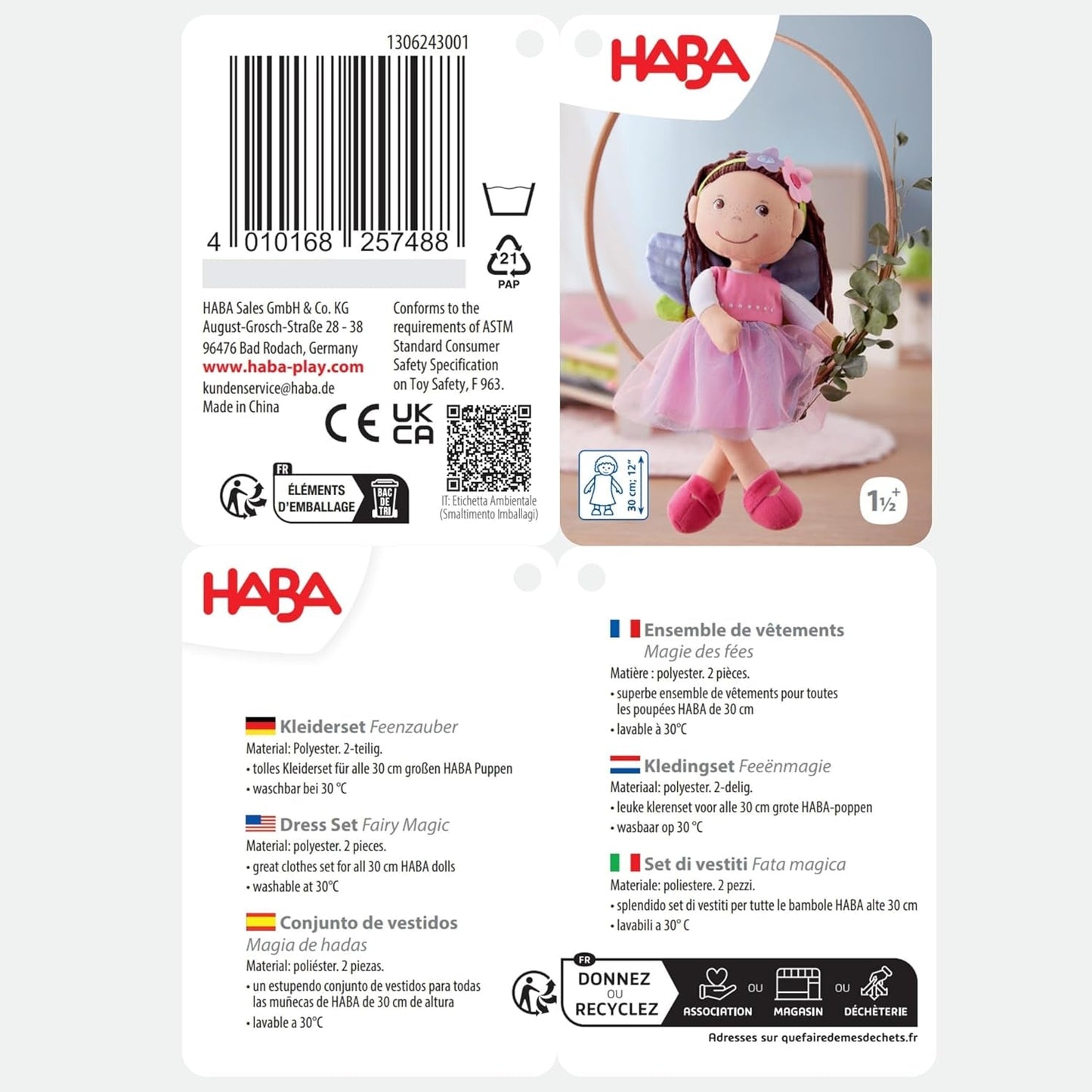 HABA Vêtements de poupée fée magique - Ensemble 2 pièces pour poupées de 18 mois et plus (30 cm) - Robe en tulle avec ailes, bandeau fleuri inclus - 1306243001