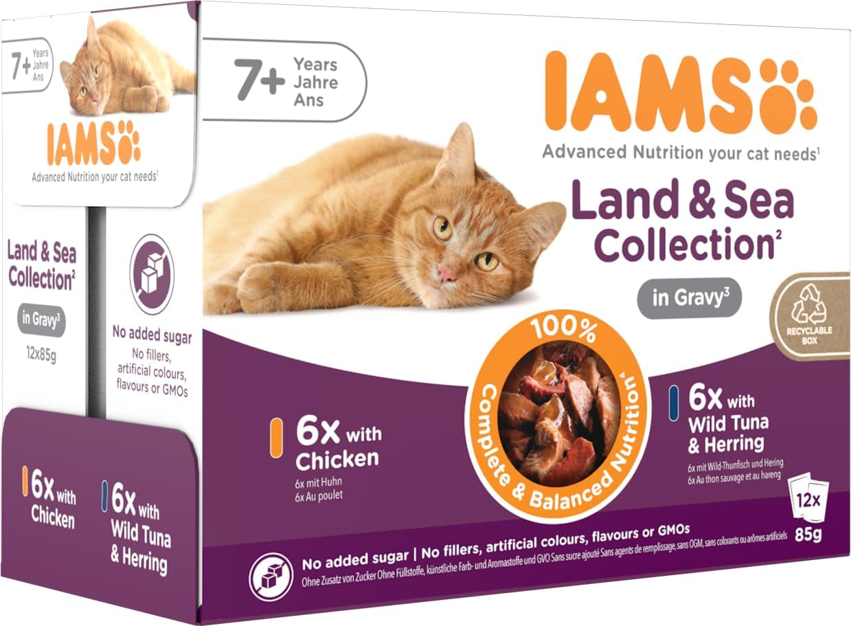 IAMS Delights Nourriture humide pour chats seniors - Multipack au poulet et poisson en sauce, nourriture humide de haute qualité pour chats de plus de 7 ans, 12 x 85 g