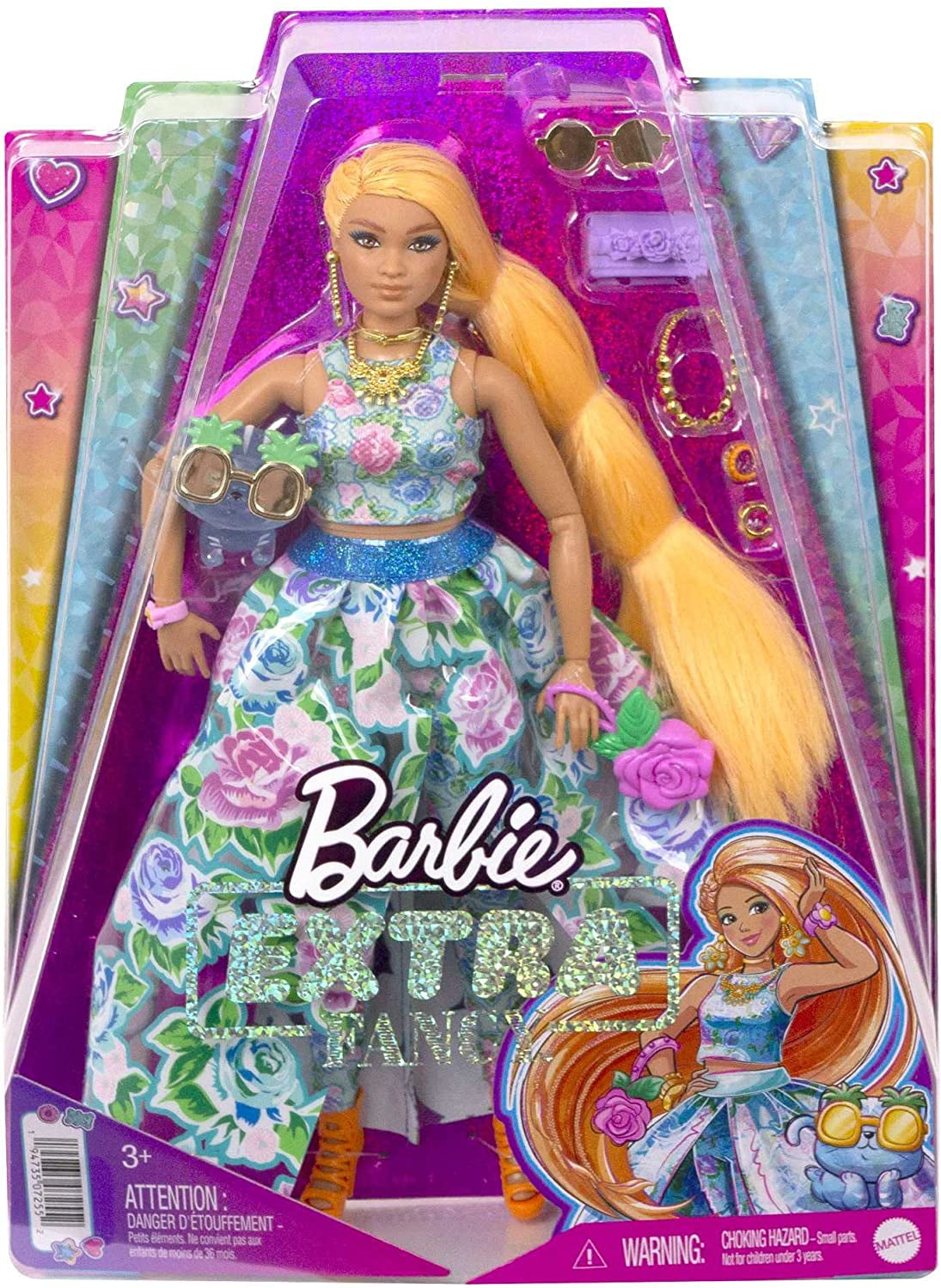 Barbie Extra Fancy, cheveux longs et courbés blond fraise, costume deux pièces, chat bleu, sac rose, lunettes de soleil ananas avec poupée, convient comme cadeau, poupées Hhn14 Naty Shop