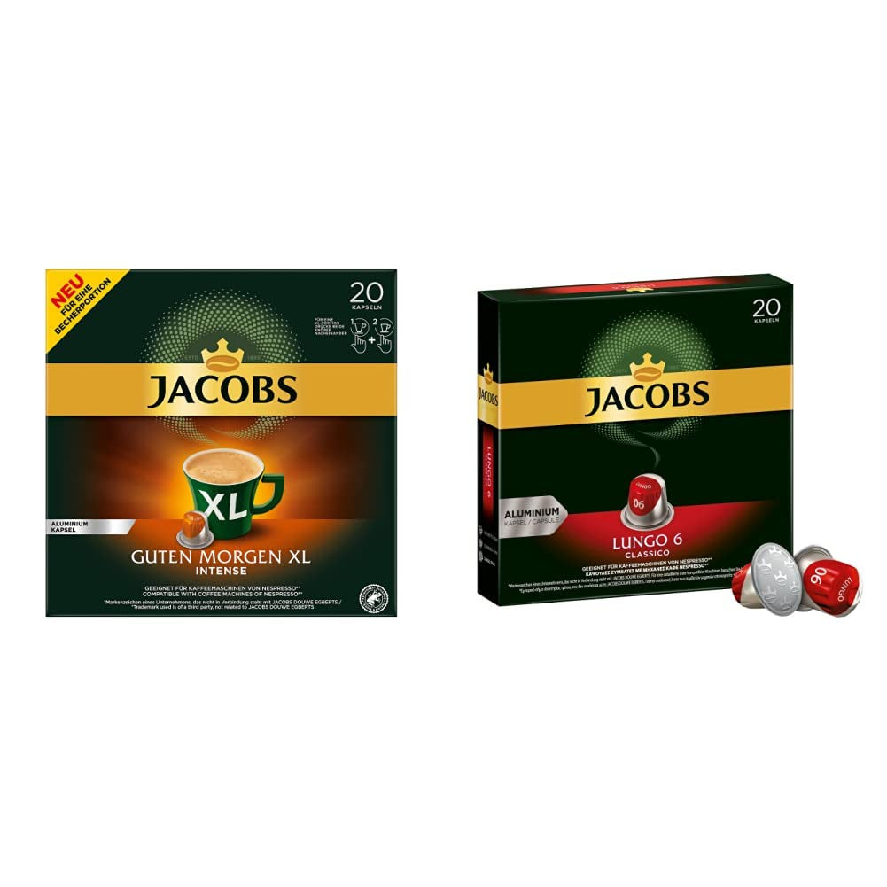 Jacobs Capsules de café Guten Morgen XL Intense - Pack de 10 (10 x 20 tasses) & Capsules de café Lungo Classico, Intensité 6 sur 12, 20 capsules compatibles Nespresso®*, 10 x 20 tasses