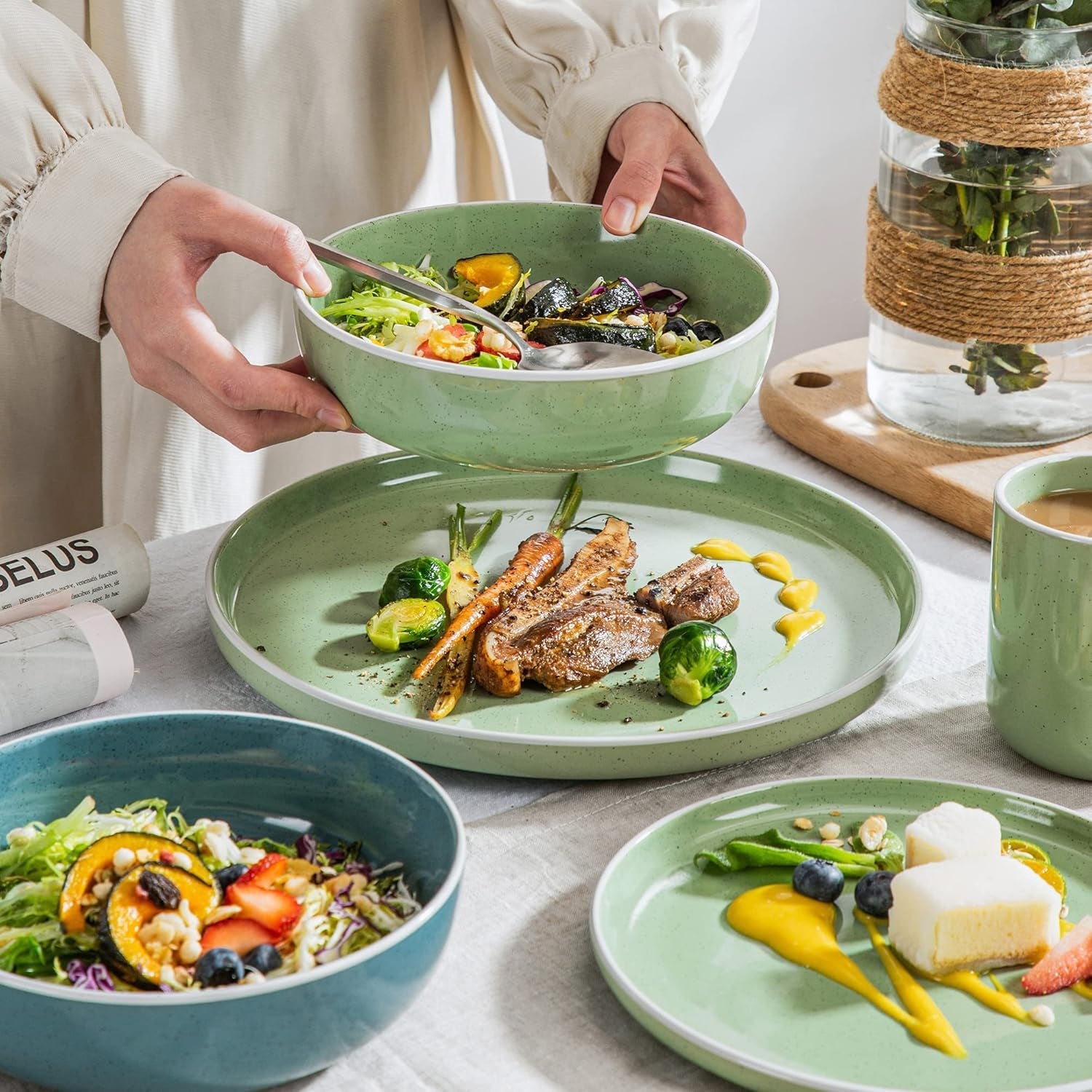 vancasso SESAM Serie Steingut Geschirrset für 12 Personen, 48 teiliges Kombiservice – Tafelservice mit Speisetellern, Desserttellern, Müslischalen und Kaffeetassen, Design scandinave