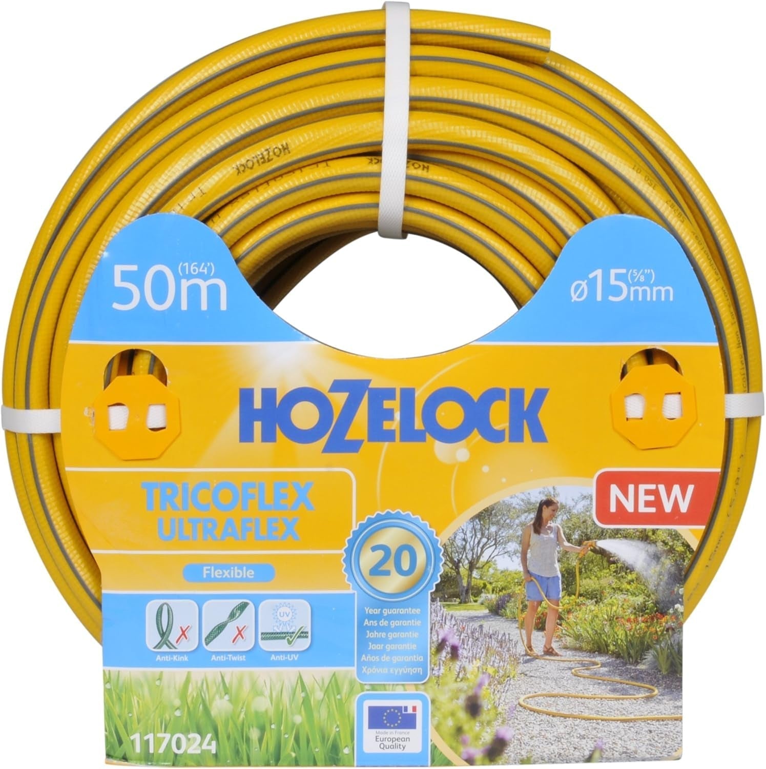 HOZELOCK - Tuyau Tricoflex Ultraflex Ø 12,5 mm (1/2") 20 M : Tuyau d'arrosage flexible, résistant aux intempéries, résistant à la torsion et à la flexion, composé à 40 % de PVC recyclé [117002], jaune
