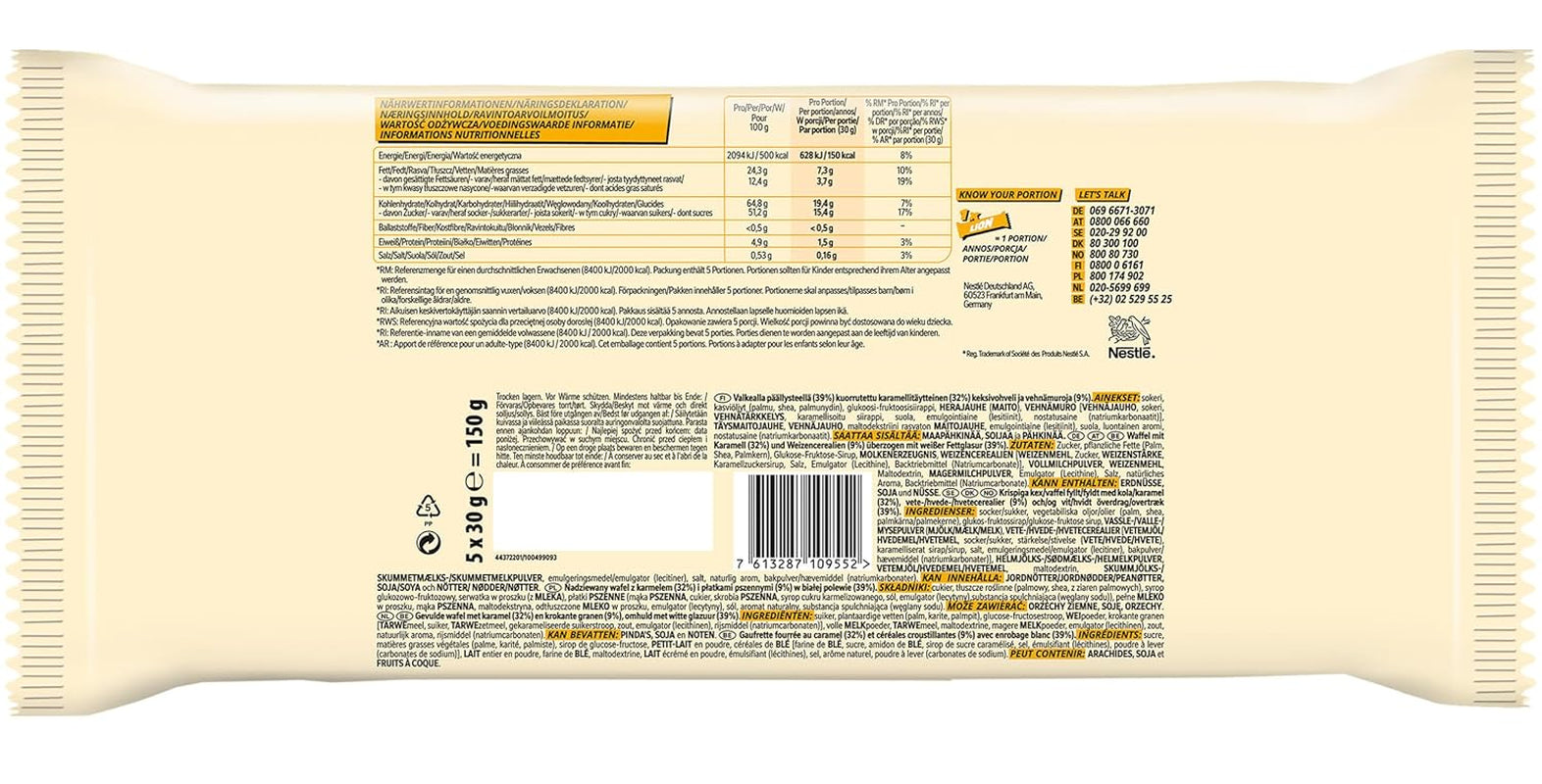Nestlé LION Multipack, barres de chocolat avec glaçage blanc, délicieux fourrage au caramel et gaufrette croustillante, grand paquet de bonbons, paquet de 4 (5 x 30 g chacun)