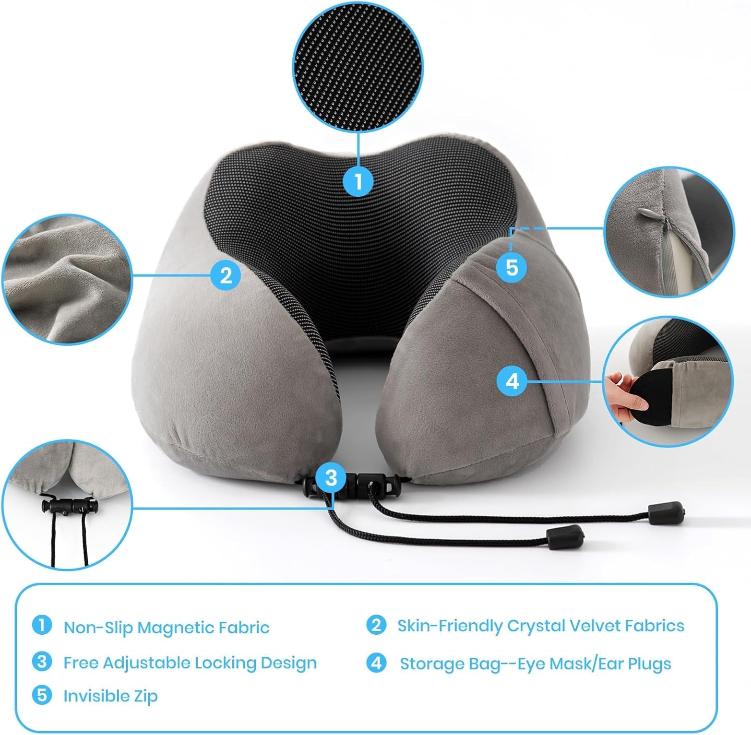 Oreiller cervical, oreiller cervical d'avion, oreiller de voyage, oreiller cervical pour adulte, oreiller cervical de voiture, oreiller de maison, oreiller ergonomique en mousse à mémoire de forme, lavable à dos étroit, réglable, gris