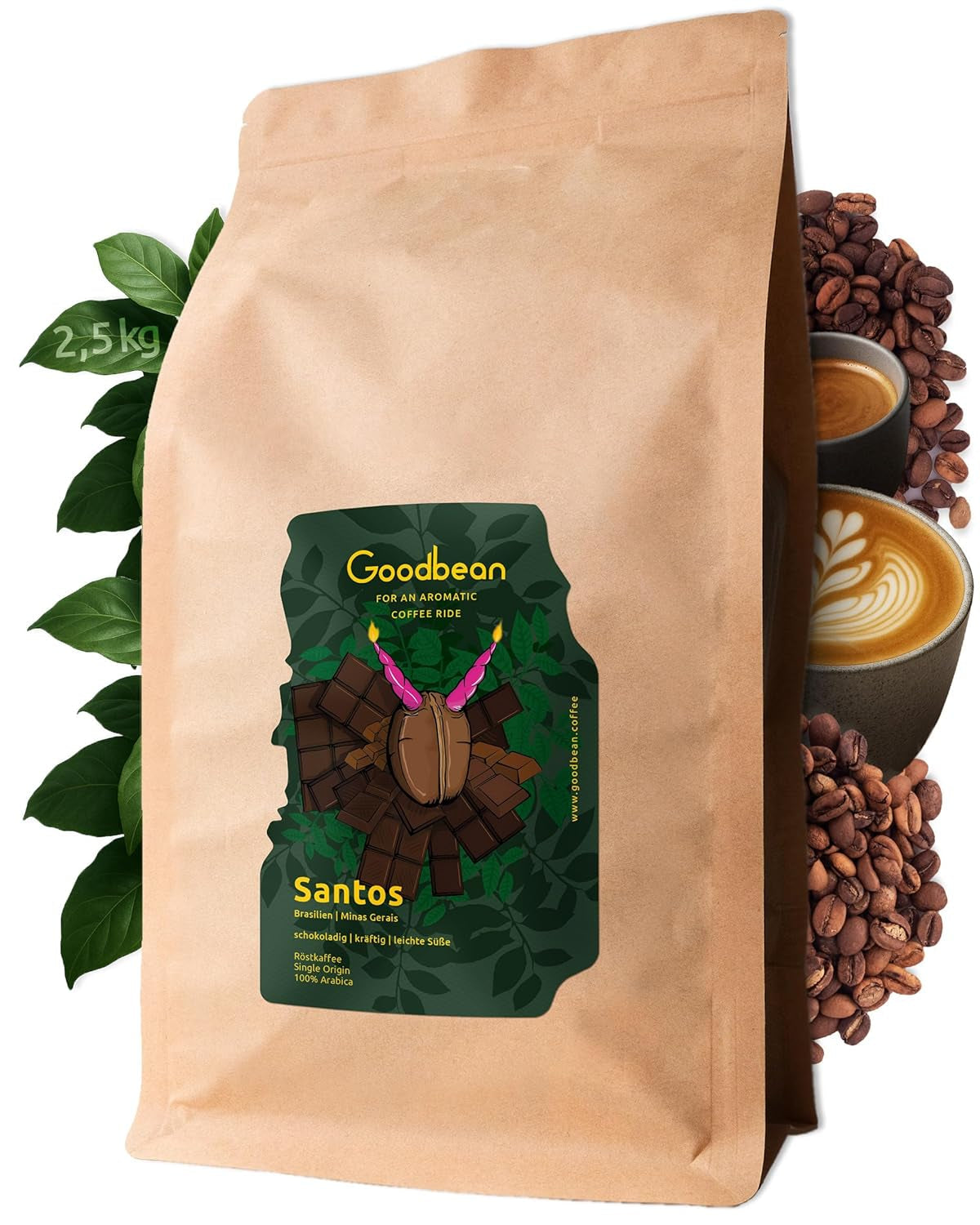 Santos | Café en grains 2500g - 100% Arabica du Brésil | pour expresso, cappuccino ou café filtré fort | Rôti omni | Café classique - l'introduction parfaite au café de spécialité