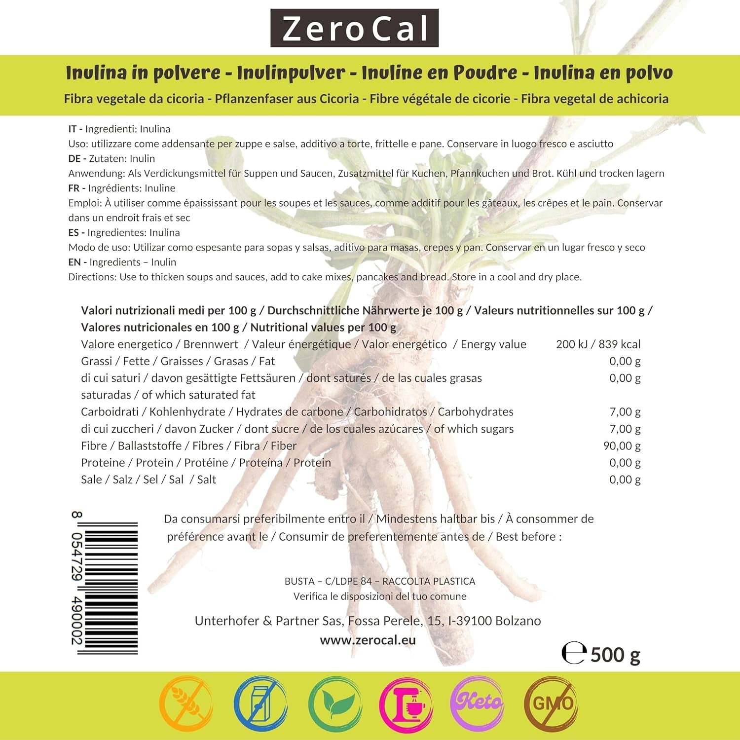 Zerocal - Poudre d'inuline de Chicorée-Wurzel 500 G | Inuline avec haut ballaststoffgehalt | 100 % végétalien et sans gluten | Herkunft Deutschland Édulcorants Naty Shop