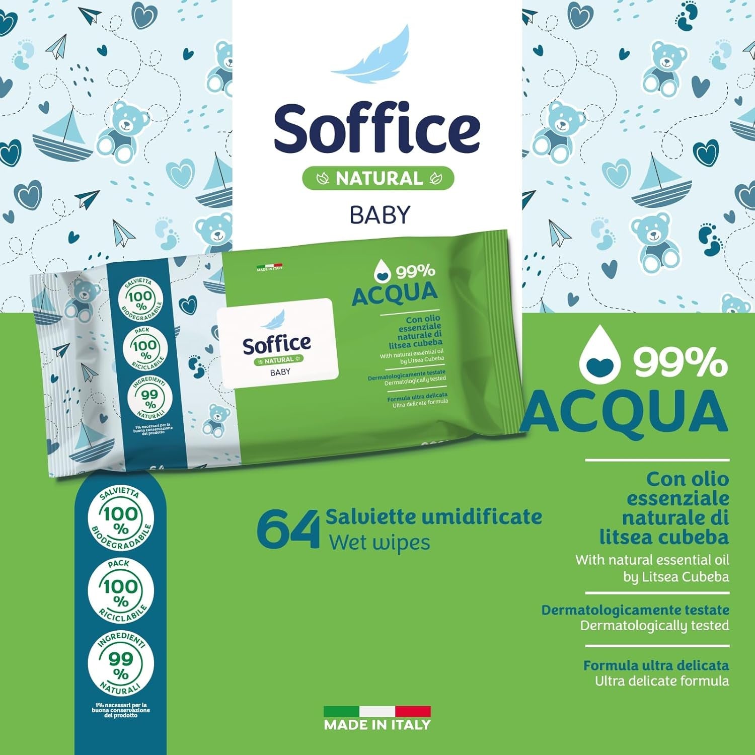 Lingettes humides nettoyantes naturelles pour bébé, 99% d'eau, formule très délicate pour l'hygiène quotidienne des enfants et des nouveau-nés - 12 paquets de 64 lingettes